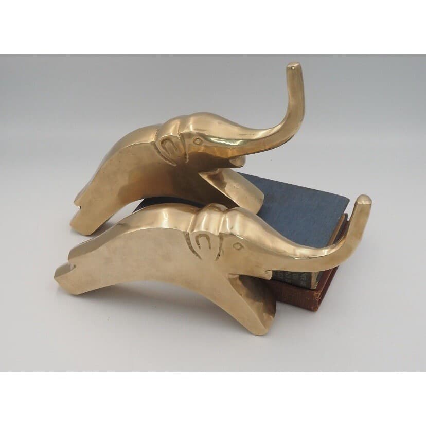 Vintage Solid Brass Elephant Bookends Set Mid Century Modern Gold Decor Pair - Thumbnail 2