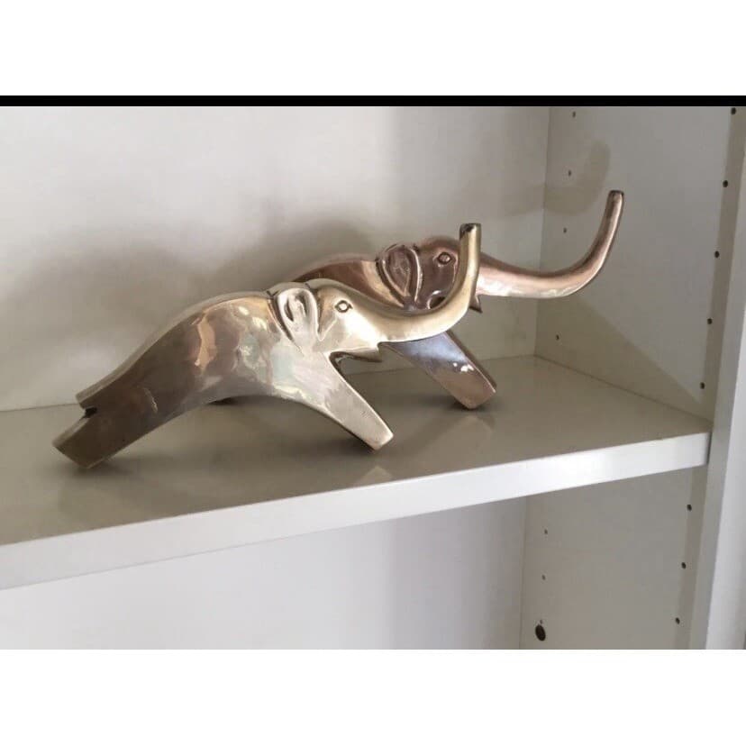 Vintage Solid Brass Elephant Bookends Set Mid Century Modern Gold Decor Pair - Thumbnail 3
