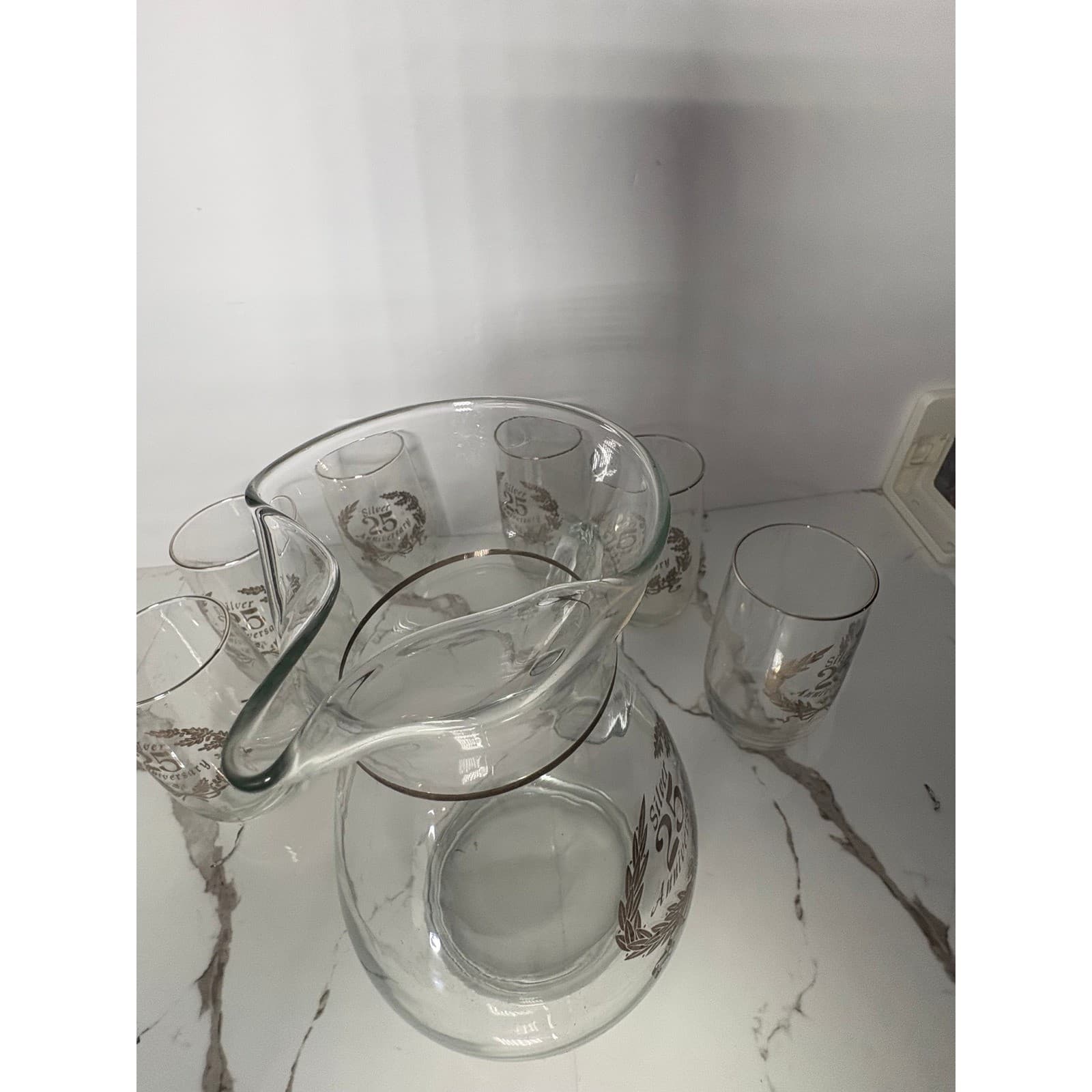 West Virginia Glass Silver 25th Anniversary Pitcher and 6 Tumbler Set Vintage - Thumbnail 6