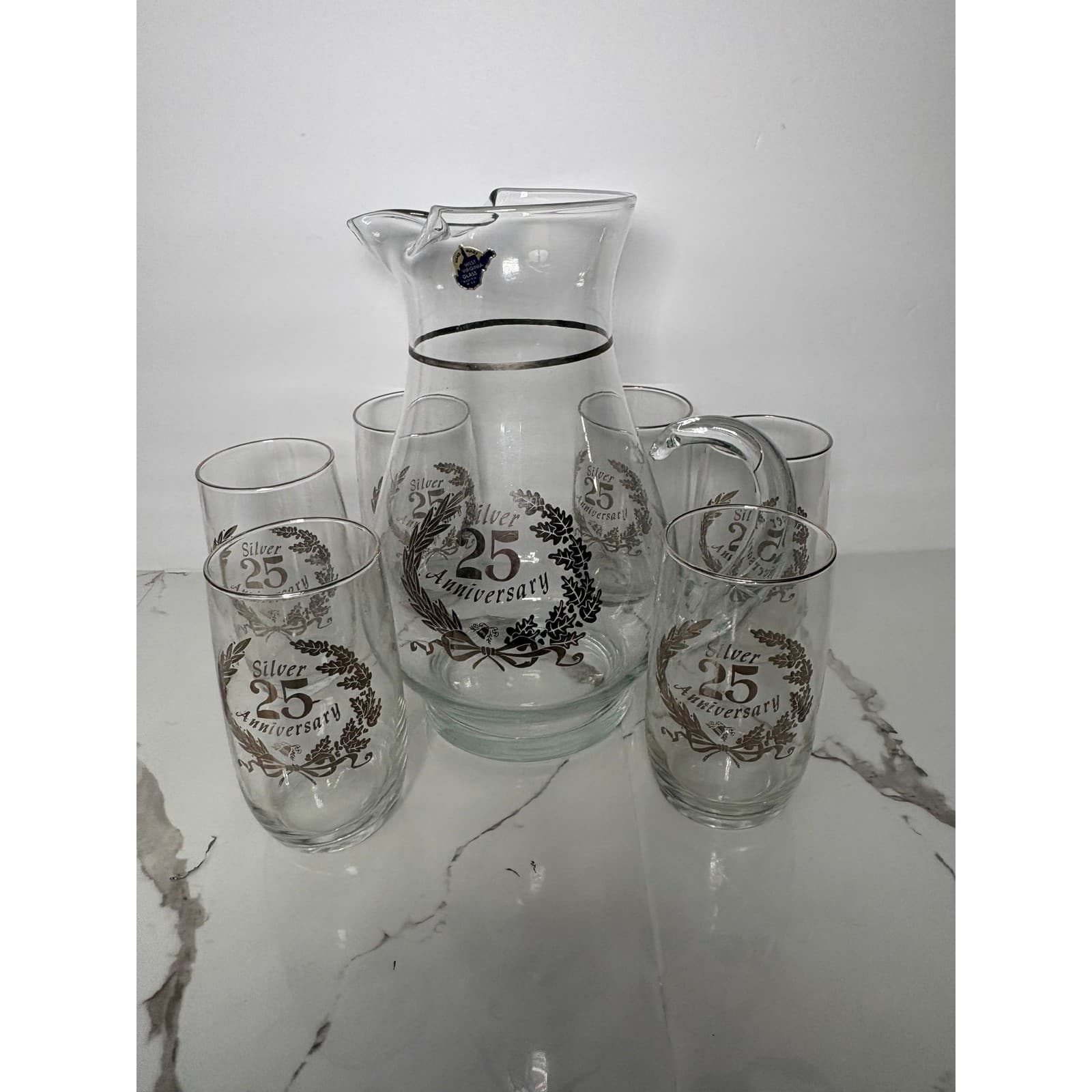 West Virginia Glass Silver 25th Anniversary Pitcher and 6 Tumbler Set Vintage - Thumbnail 2