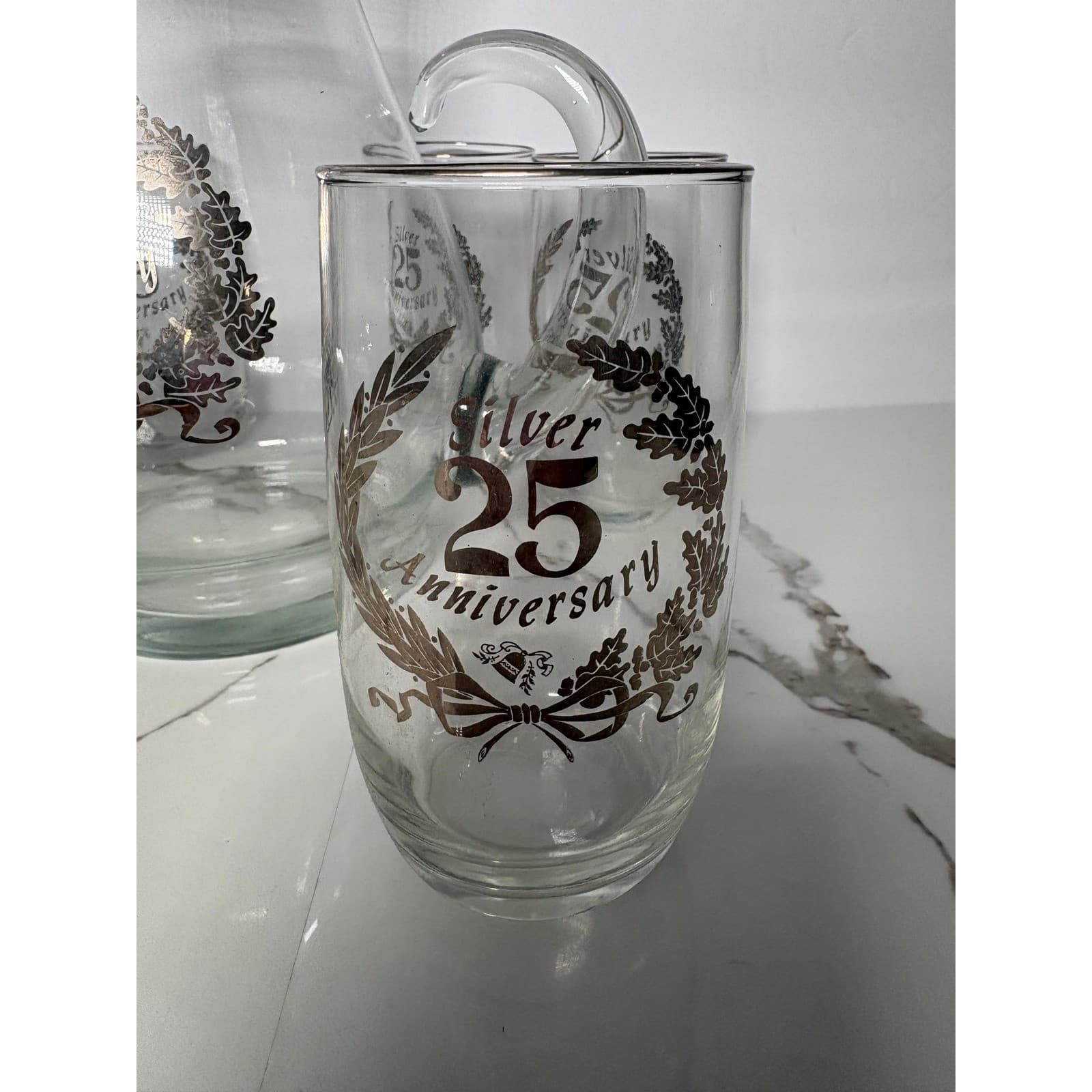 West Virginia Glass Silver 25th Anniversary Pitcher and 6 Tumbler Set Vintage - Thumbnail 3