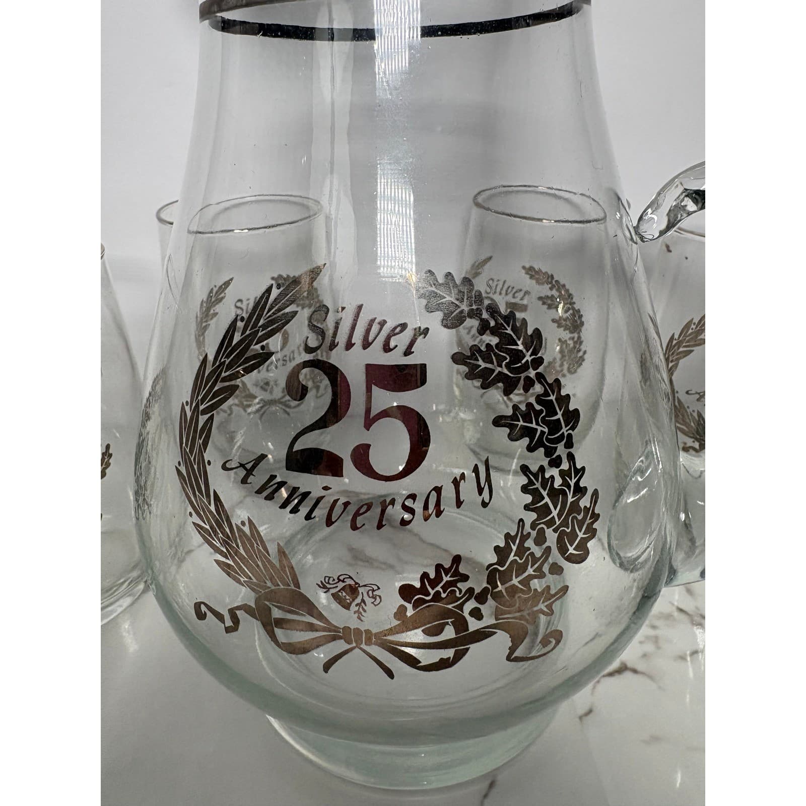 West Virginia Glass Silver 25th Anniversary Pitcher and 6 Tumbler Set Vintage - Thumbnail 4