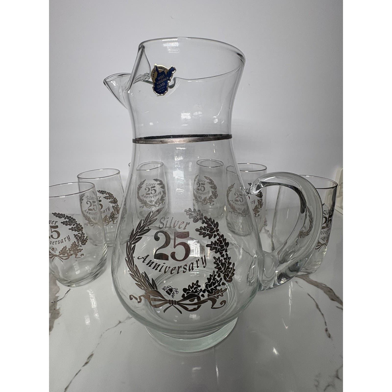West Virginia Glass Silver 25th Anniversary Pitcher and 6 Tumbler Set Vintage - Thumbnail 5