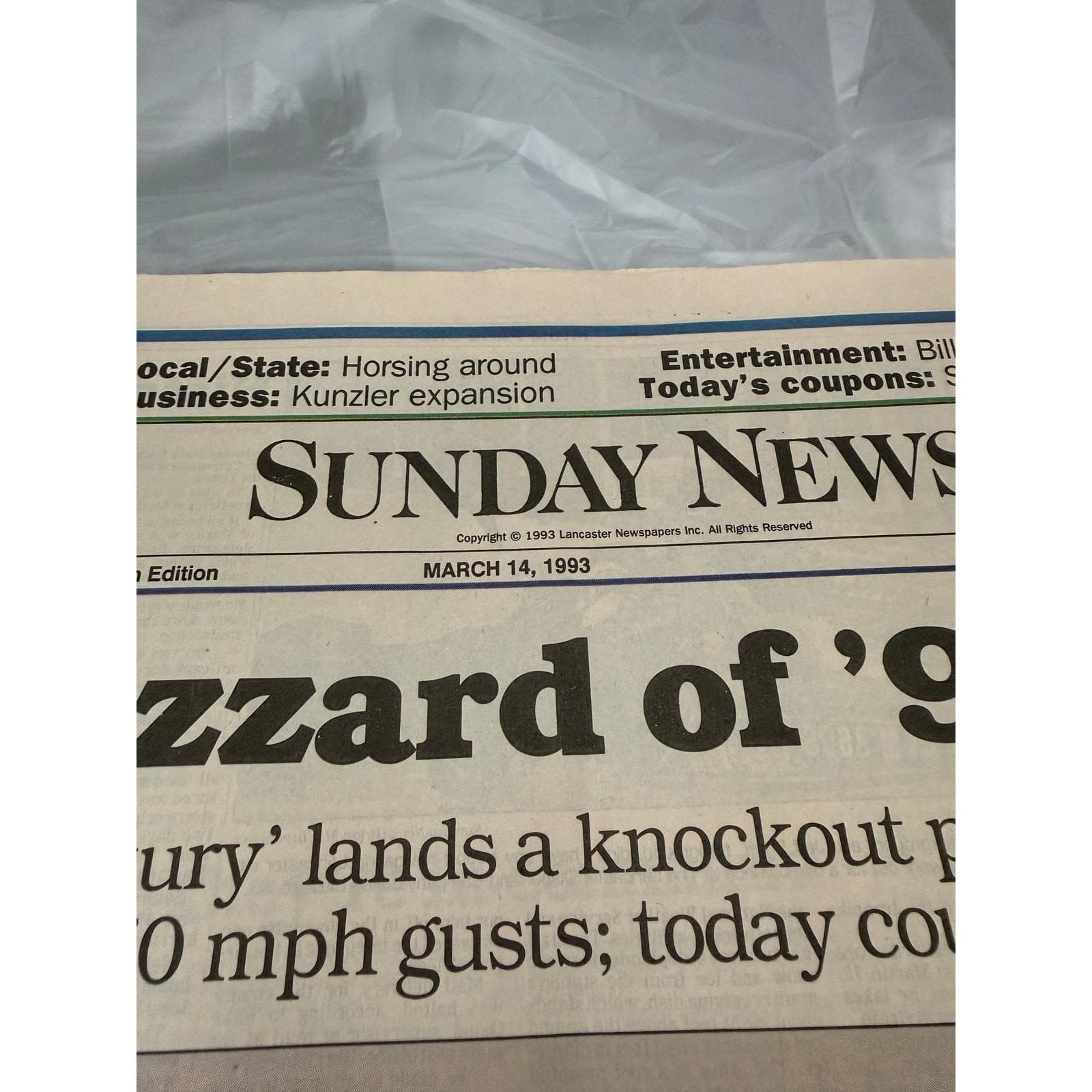 Vintage Blizzard of 93 Sunday News Newspaper March 14 1993 Lancaster PA Storm - Thumbnail 2