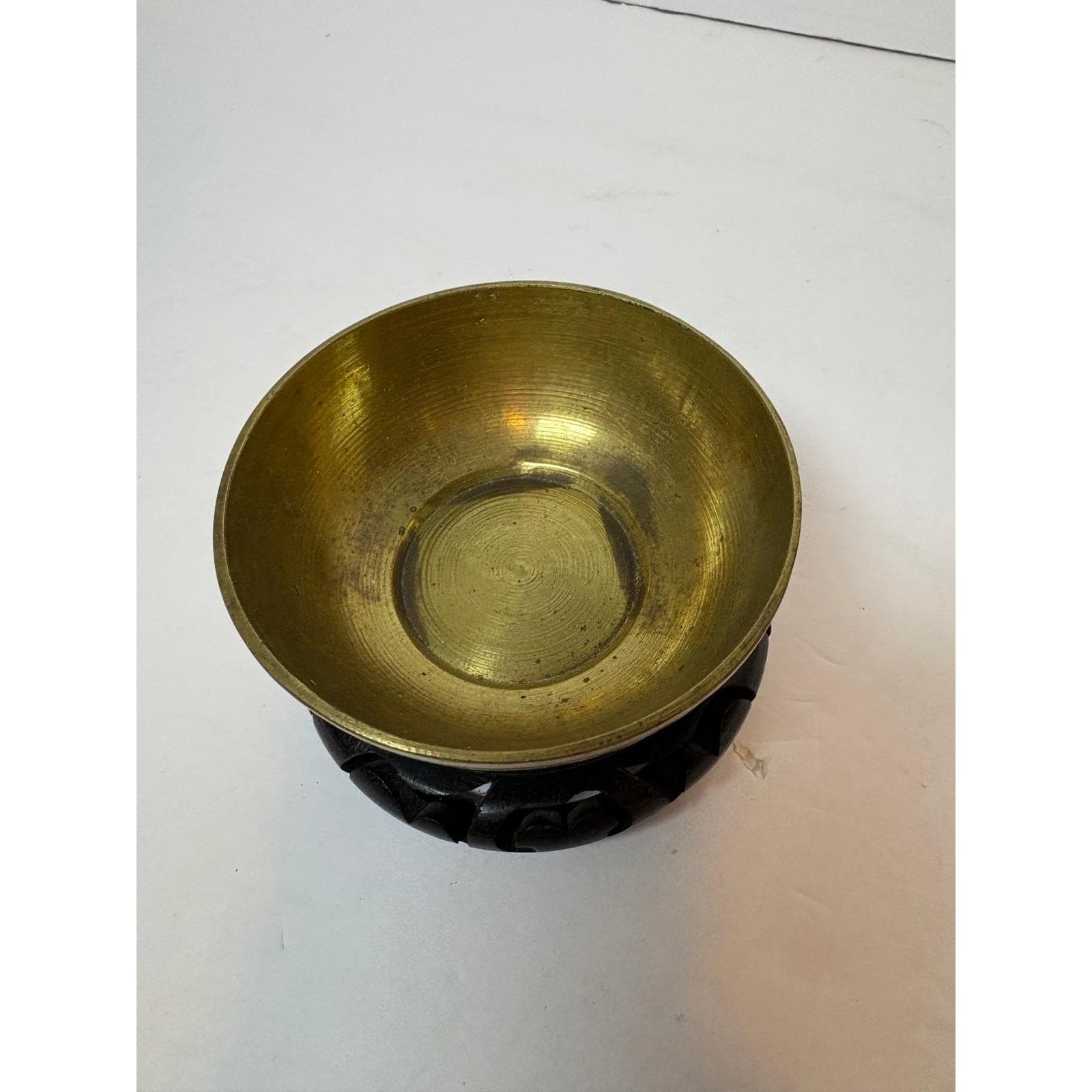Vintage Etched Brass Egyptian Bowl with Pyramids Camels and Wood Stand 3.5 Inch - Thumbnail 6