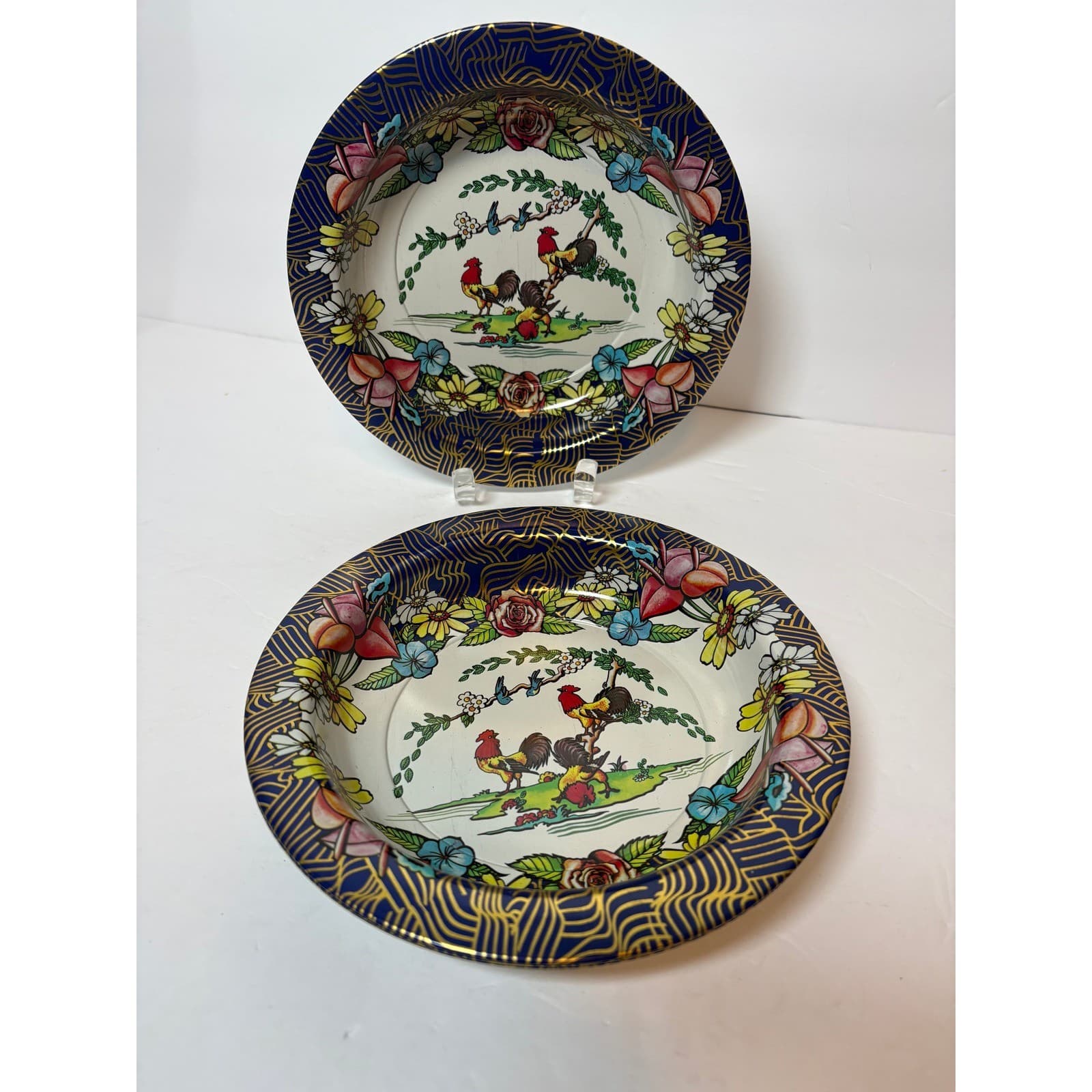 Set of 4 Vintage Action Industries Brazil Tin Enamel Rooster Floral Bowls - Thumbnail 2