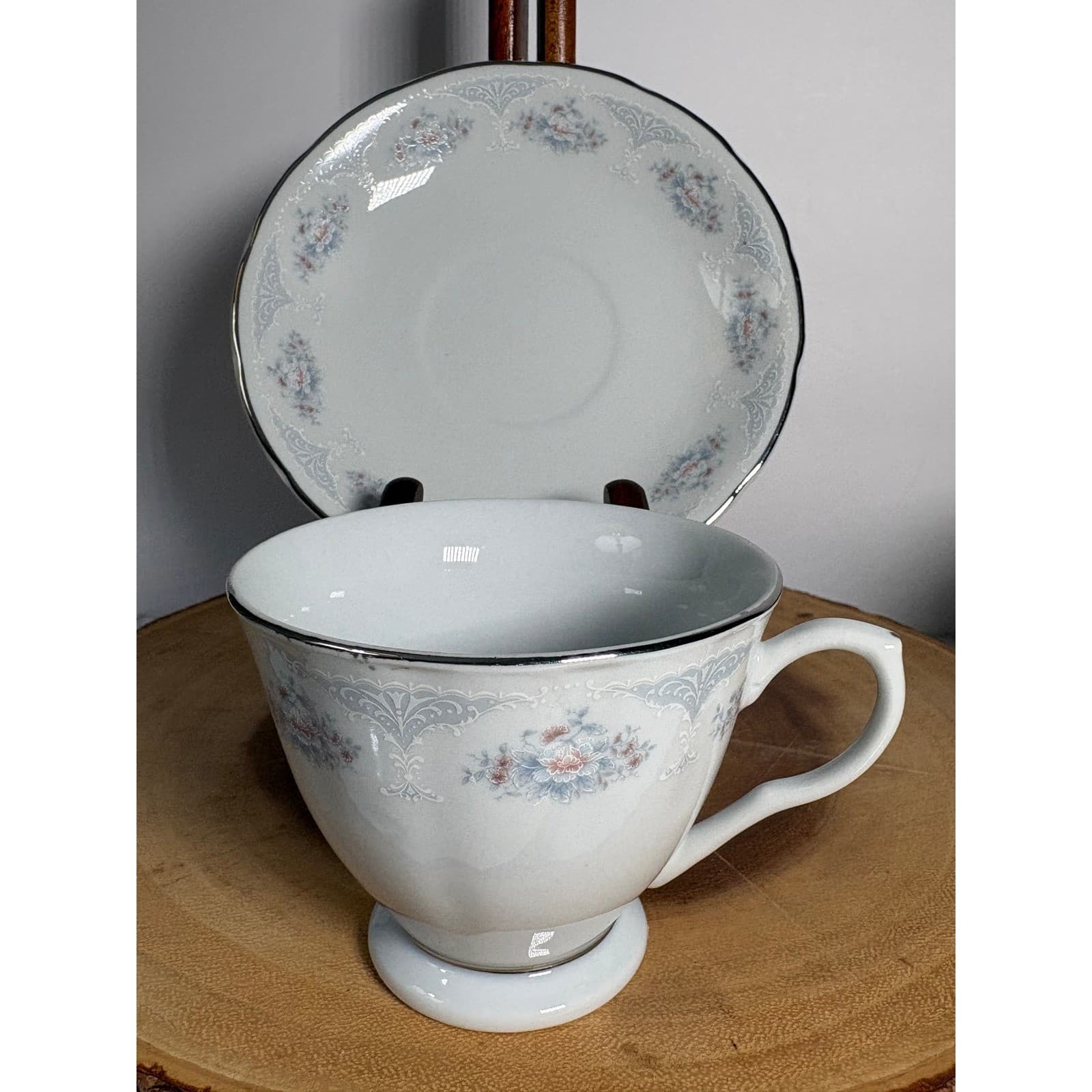 Vintage Porcelain Tea Cup and Saucer Set Blue Floral Silver Rim Made in China - Thumbnail 2