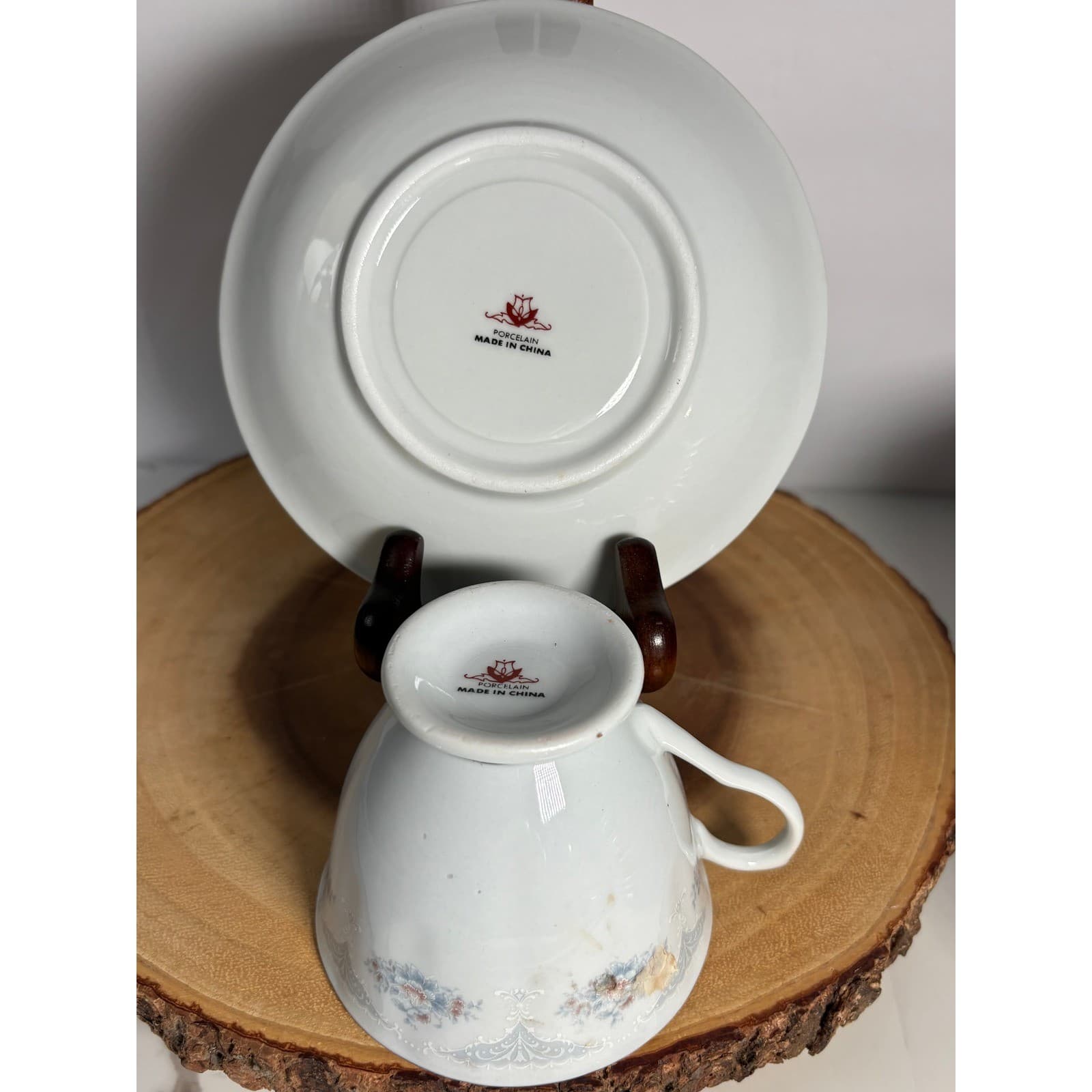 Vintage Porcelain Tea Cup and Saucer Set Blue Floral Silver Rim Made in China - Thumbnail 3