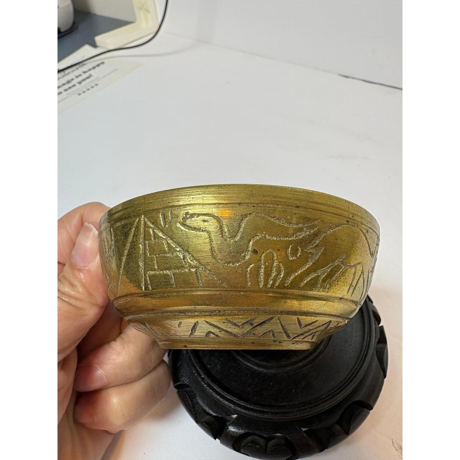 Vintage Etched Brass Egyptian Bowl with Pyramids Camels and Wood Stand 3.5 Inch - Thumbnail 4