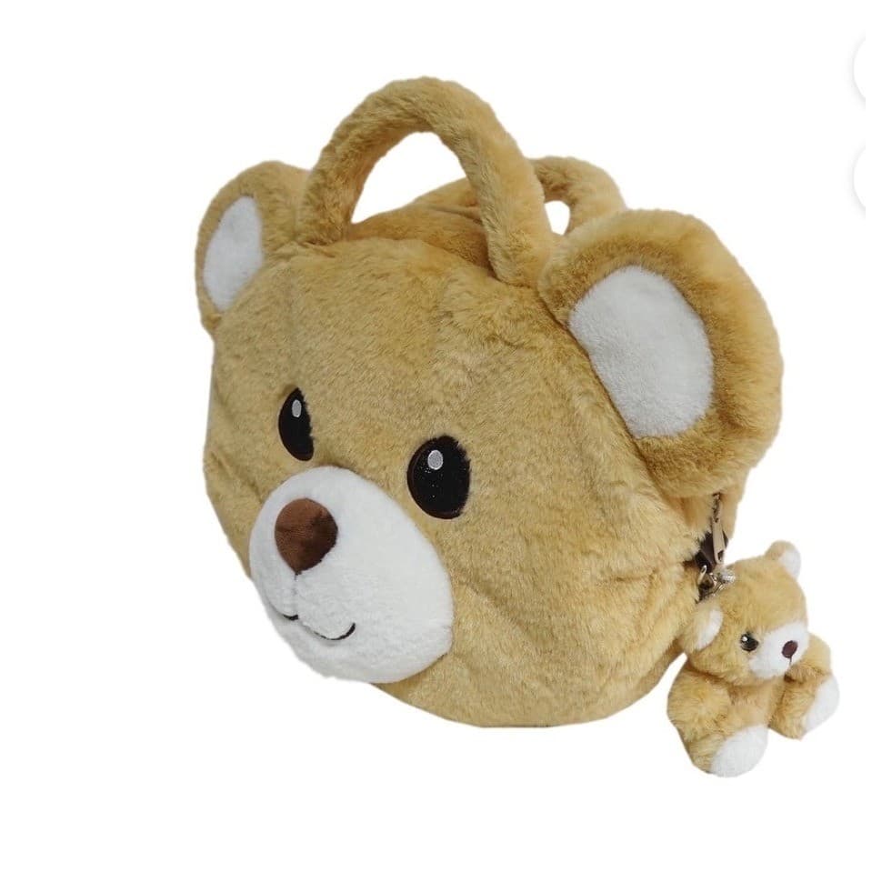 Tan Plush Teddy Bear Handbag Faux Fur Crossbody Bag with Mini Bear Charm Novelty - Thumbnail 2