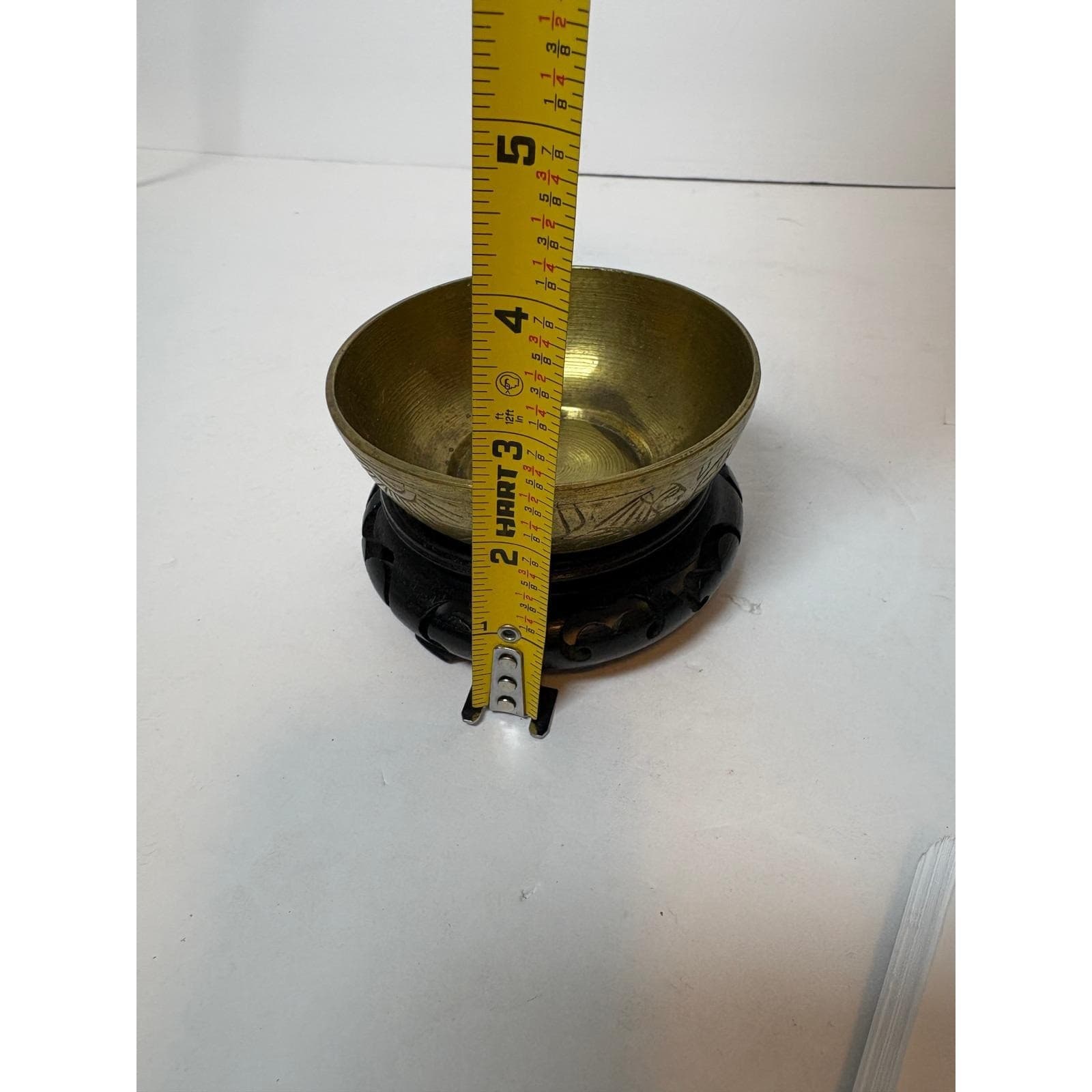 Vintage Etched Brass Egyptian Bowl with Pyramids Camels and Wood Stand 3.5 Inch - Thumbnail 8