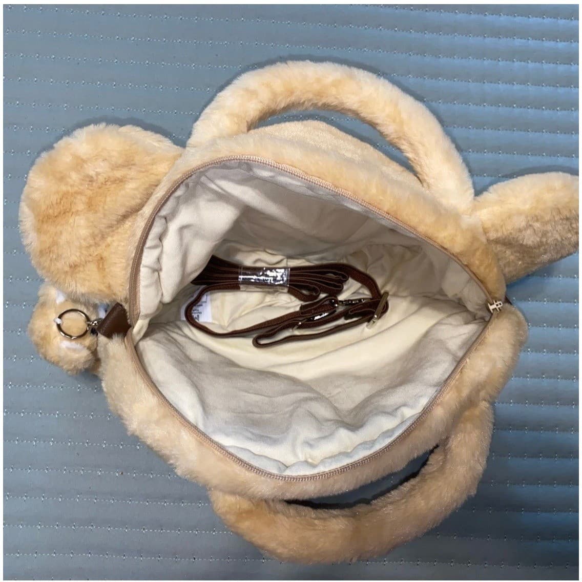 Tan Plush Teddy Bear Handbag Faux Fur Crossbody Bag with Mini Bear Charm Novelty - Thumbnail 6