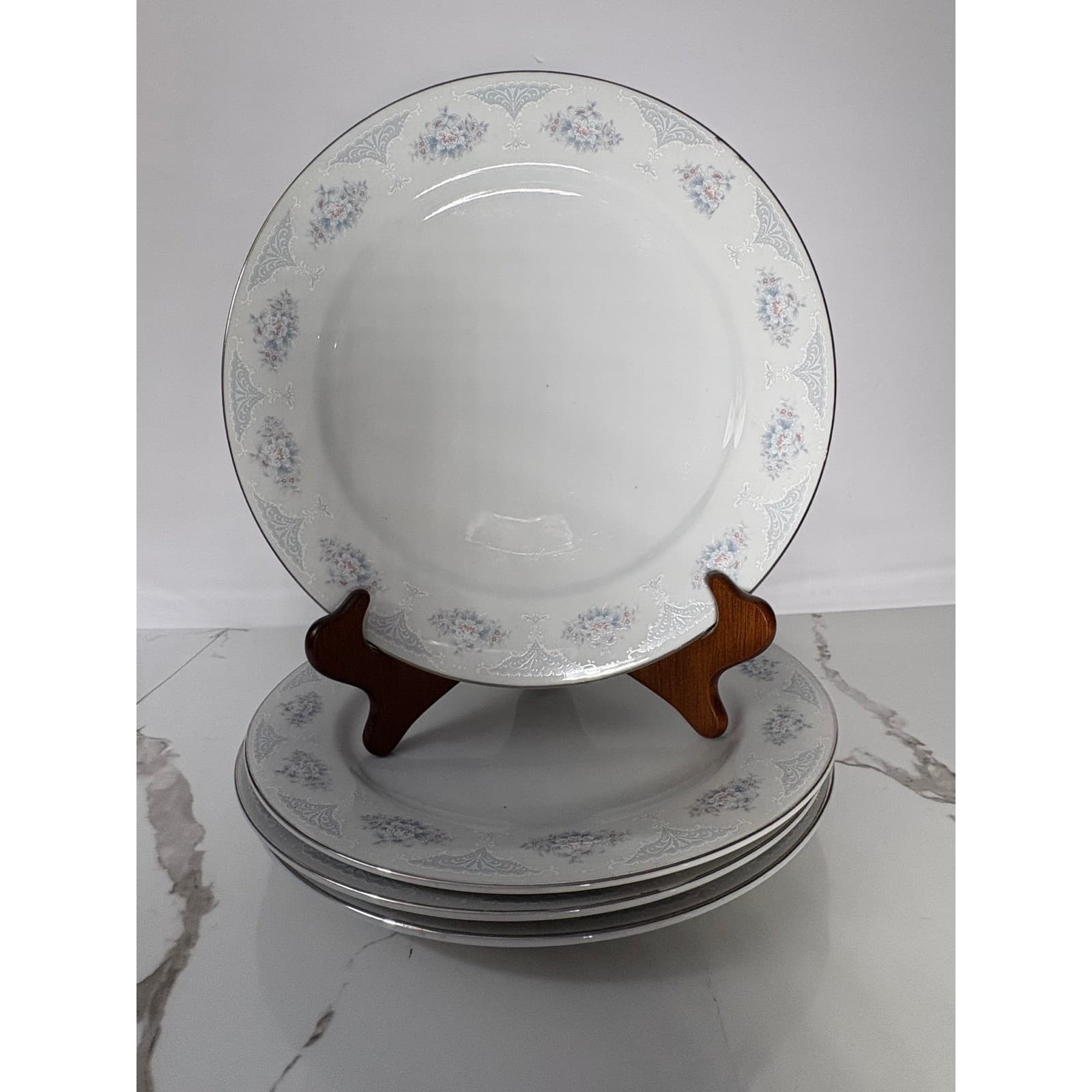 Vintage Porcelain Dinner Plates Set of 4 Blue Pink Floral Silver Rim 10.5 inch - Thumbnail 3