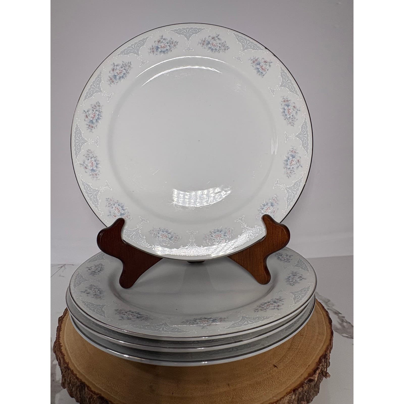 Vintage Porcelain Dinner Plates Set of 4 Blue Pink Floral Silver Rim 10.5 inch - Thumbnail 5