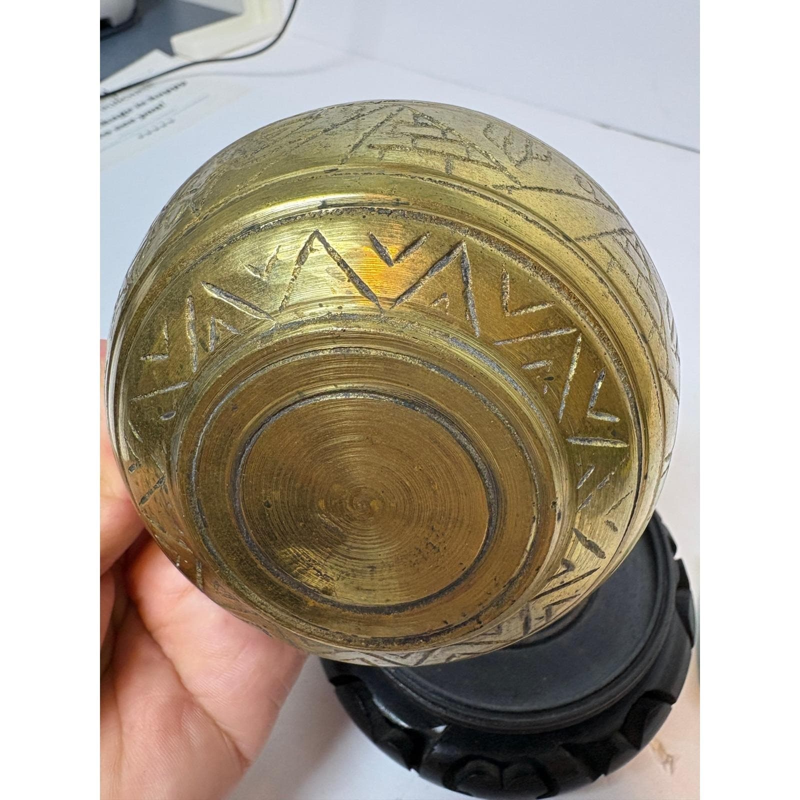 Vintage Etched Brass Egyptian Bowl with Pyramids Camels and Wood Stand 3.5 Inch - Thumbnail 5