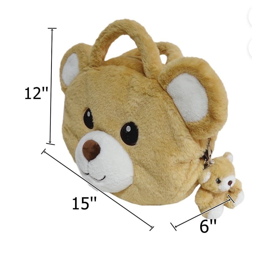 Tan Plush Teddy Bear Handbag Faux Fur Crossbody Bag with Mini Bear Charm Novelty - Thumbnail 5