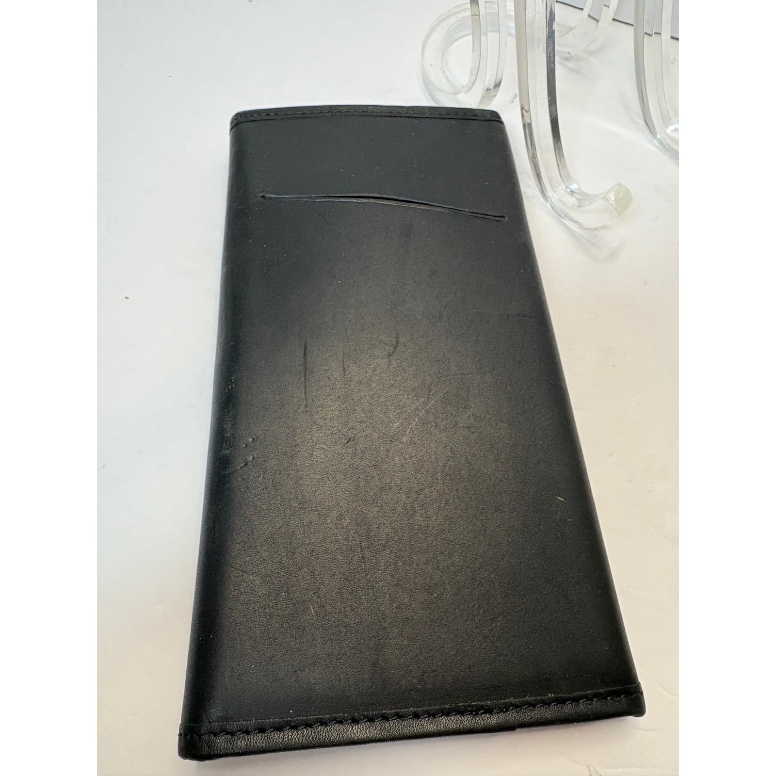 Vintage LL Bean Black Leather Trifold Checkbook Wallet Plaid Lining Mens Womens - Thumbnail 3