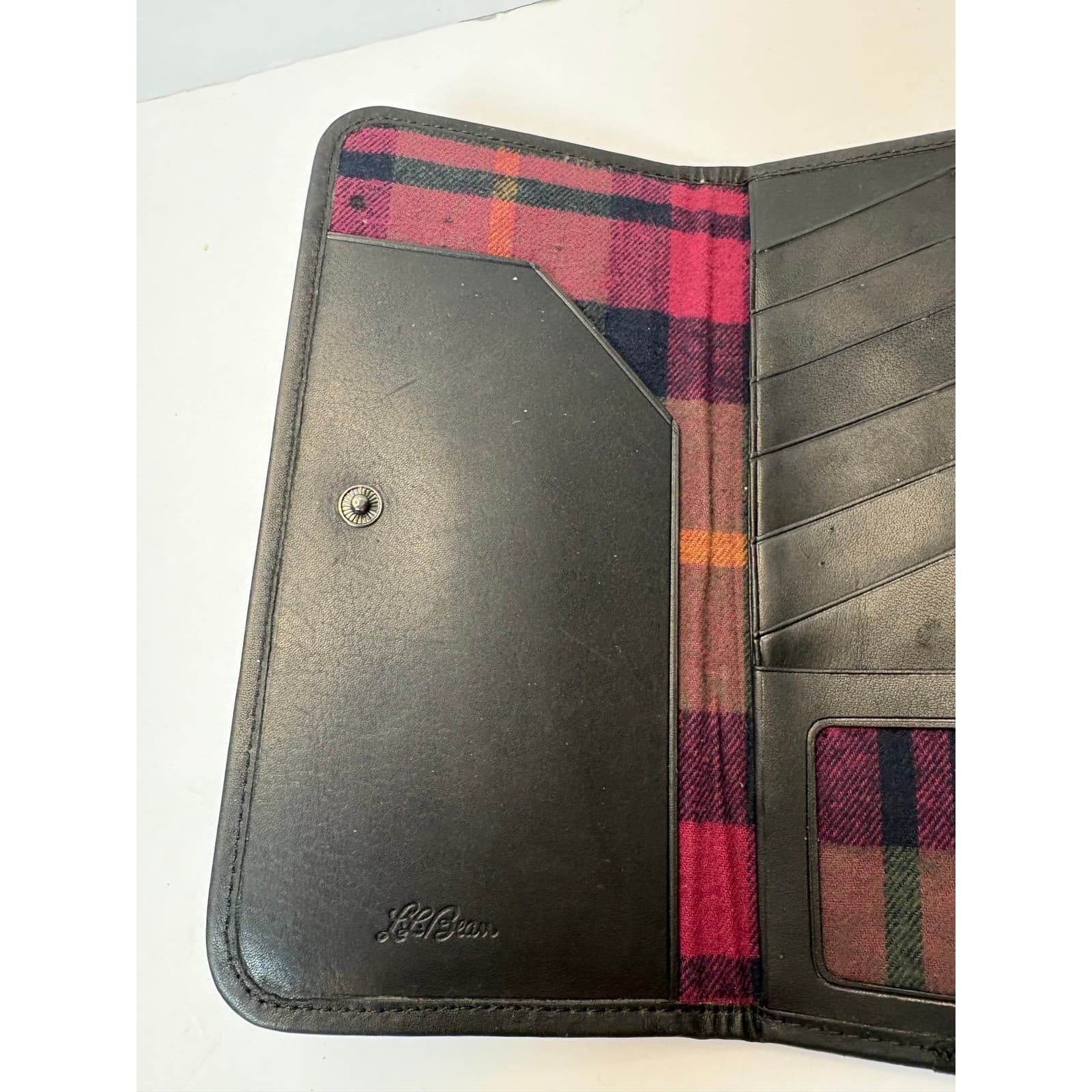 Vintage LL Bean Black Leather Trifold Checkbook Wallet Plaid Lining Mens Womens - Thumbnail 5