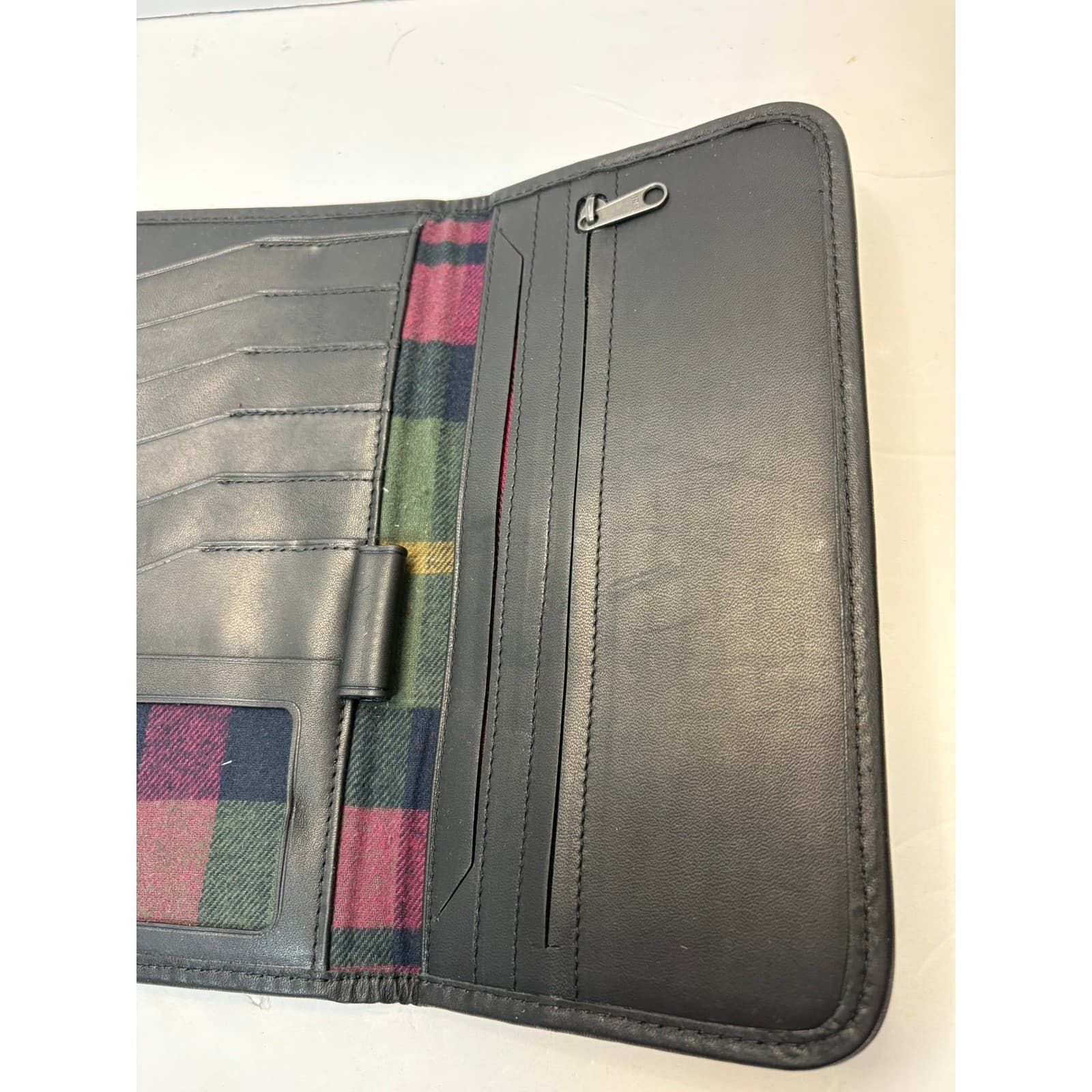 Vintage LL Bean Black Leather Trifold Checkbook Wallet Plaid Lining Mens Womens - Thumbnail 7