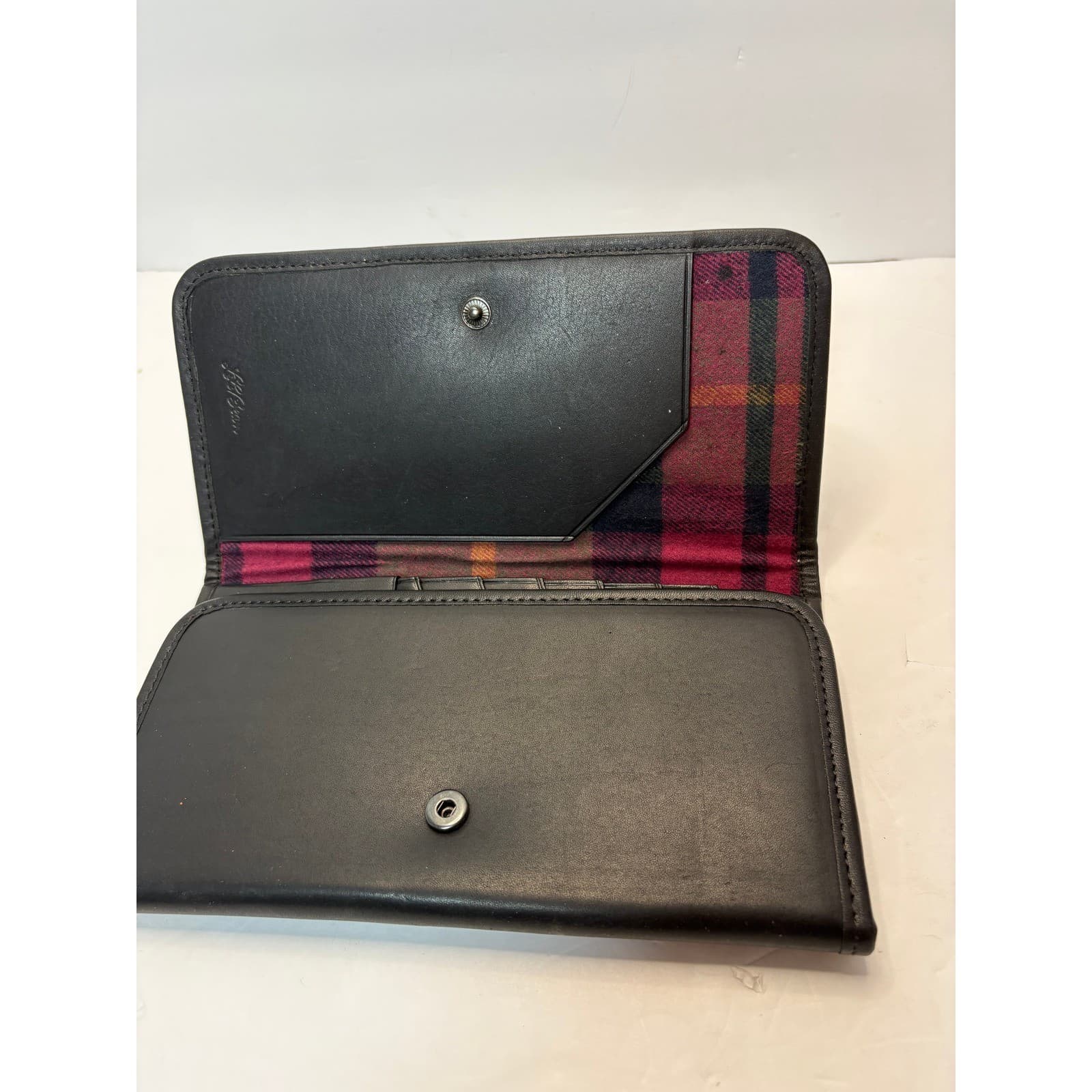 Vintage LL Bean Black Leather Trifold Checkbook Wallet Plaid Lining Mens Womens - Thumbnail 9