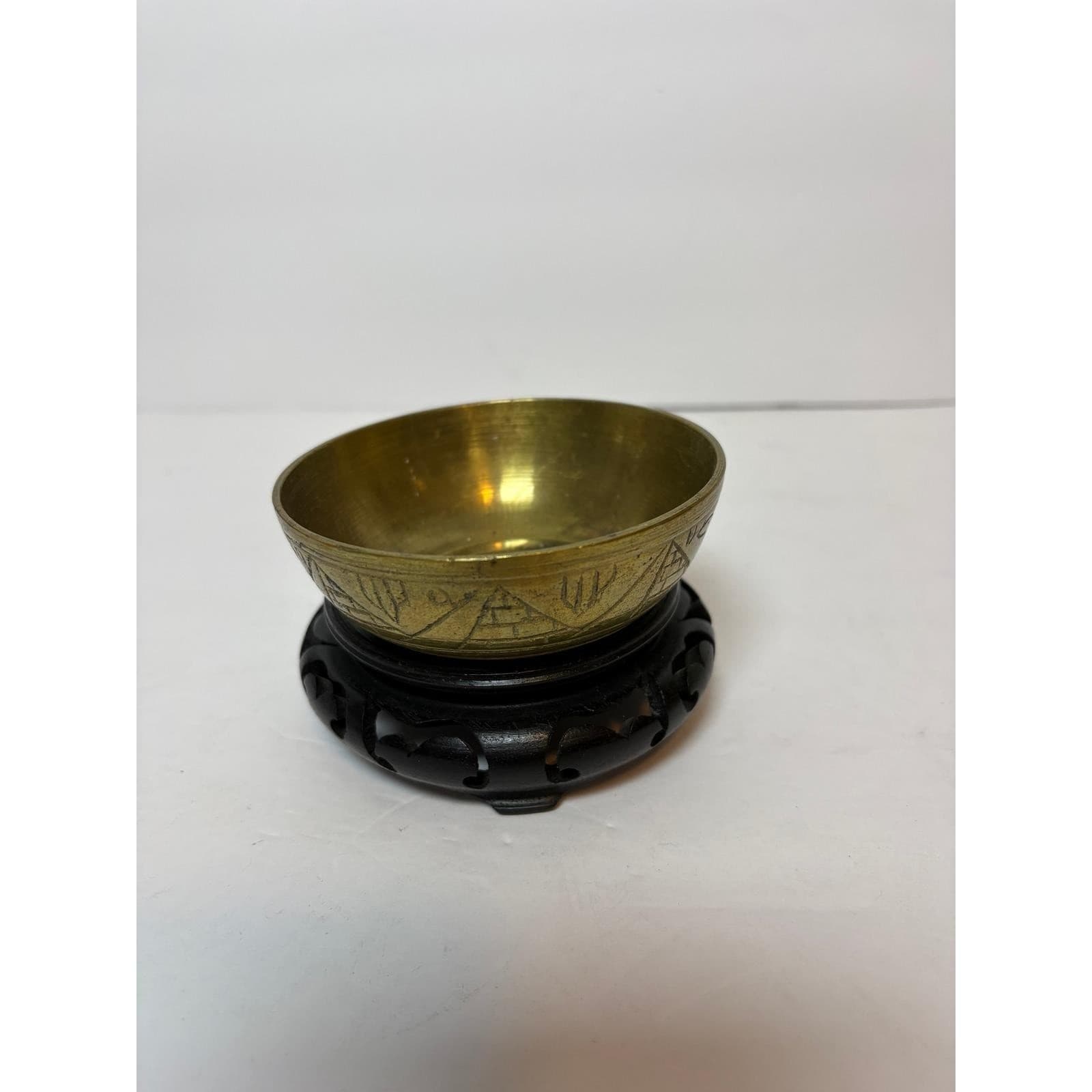 Vintage Etched Brass Egyptian Bowl with Pyramids Camels and Wood Stand 3.5 Inch - Thumbnail 2