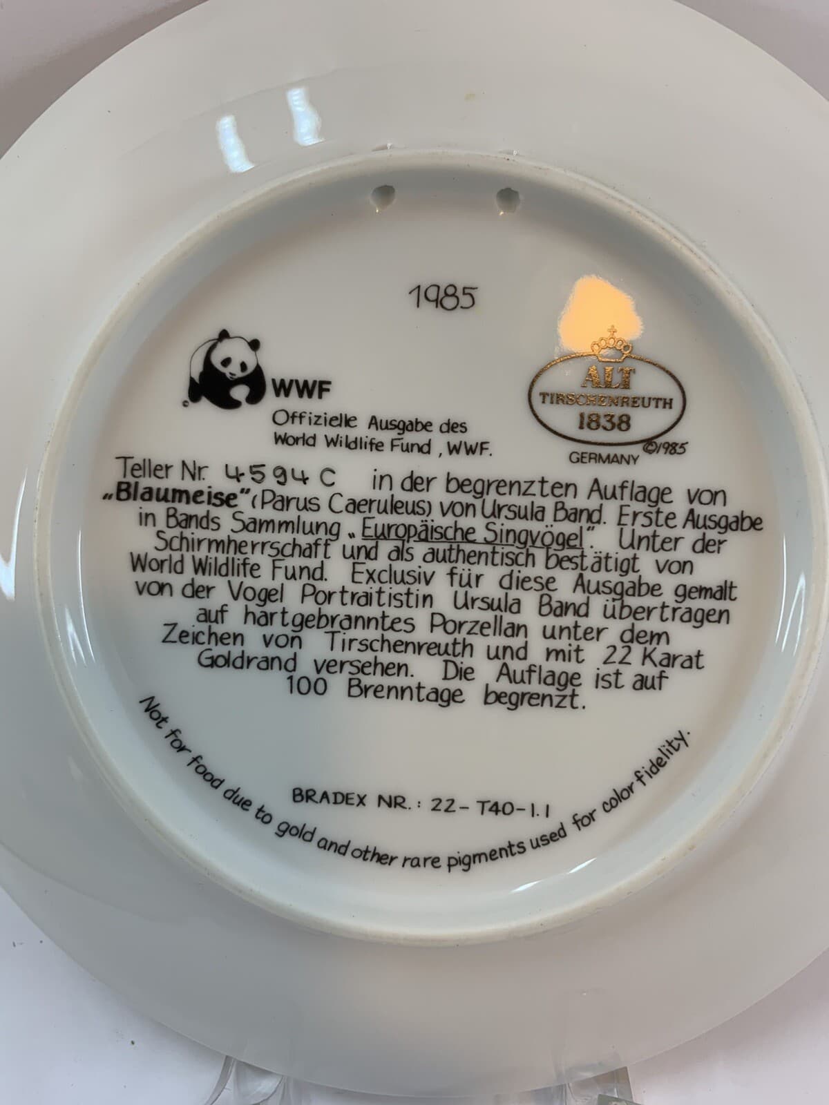 Vintage 1985 Collector's Plate “ BLAUMEISE” by Ursula Band 22K Gold Rim w/COA - Thumbnail 2