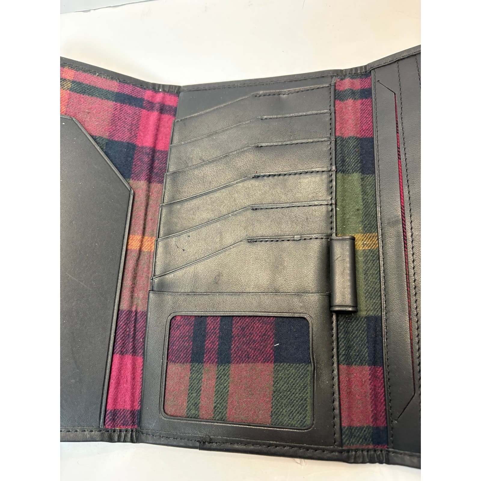 Vintage LL Bean Black Leather Trifold Checkbook Wallet Plaid Lining Mens Womens - Thumbnail 6