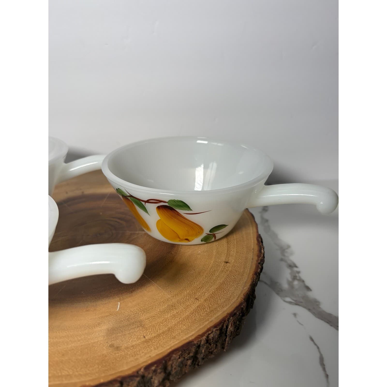 Vintage Fire-King Milk Glass Fruit Chili Bowls Set of 3 Pear Grapes Hand Painted - Thumbnail 4