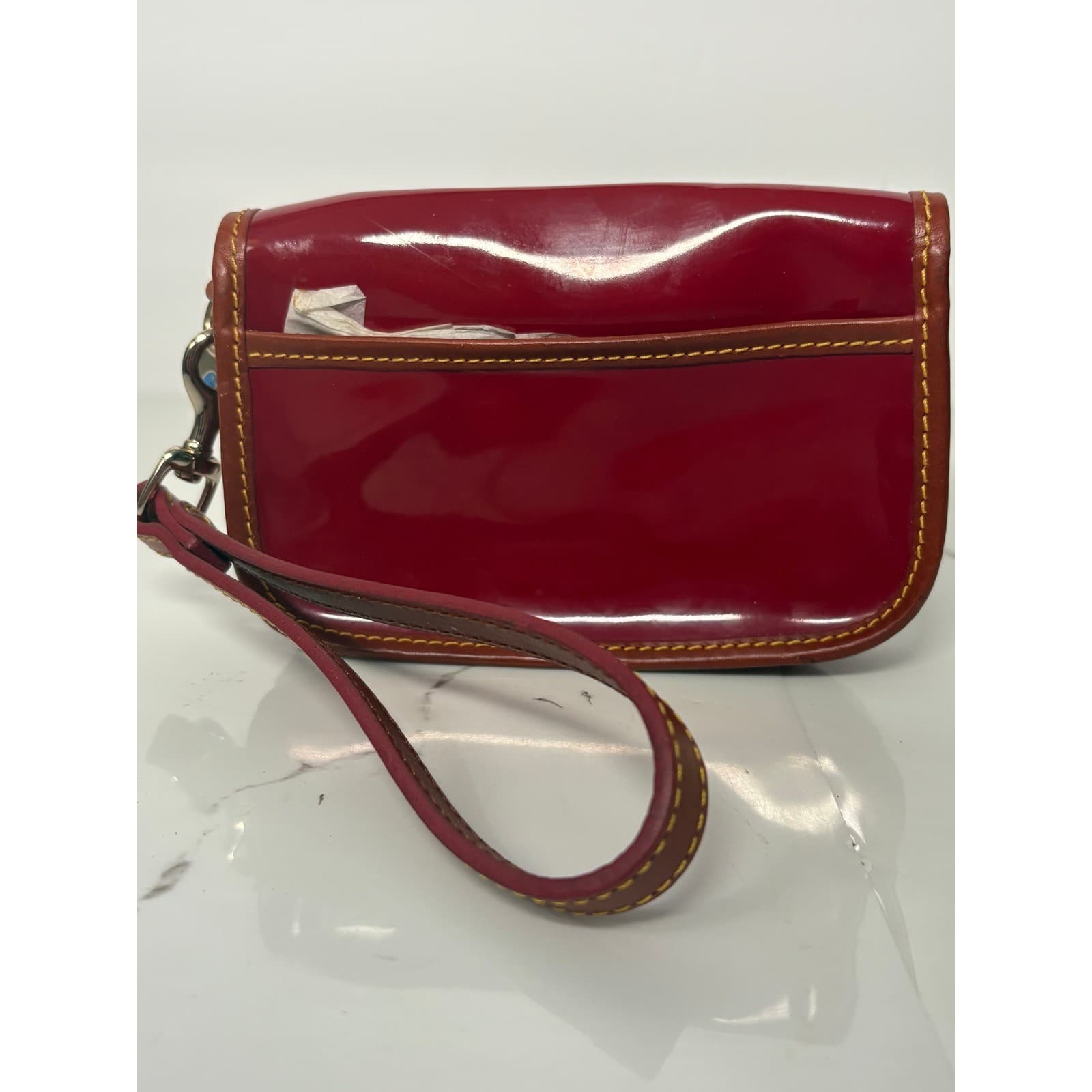 Dooney & Bourke Red Patent Leather Wristlet Tan Trim Duck Charm Clutch Bag - Thumbnail 3