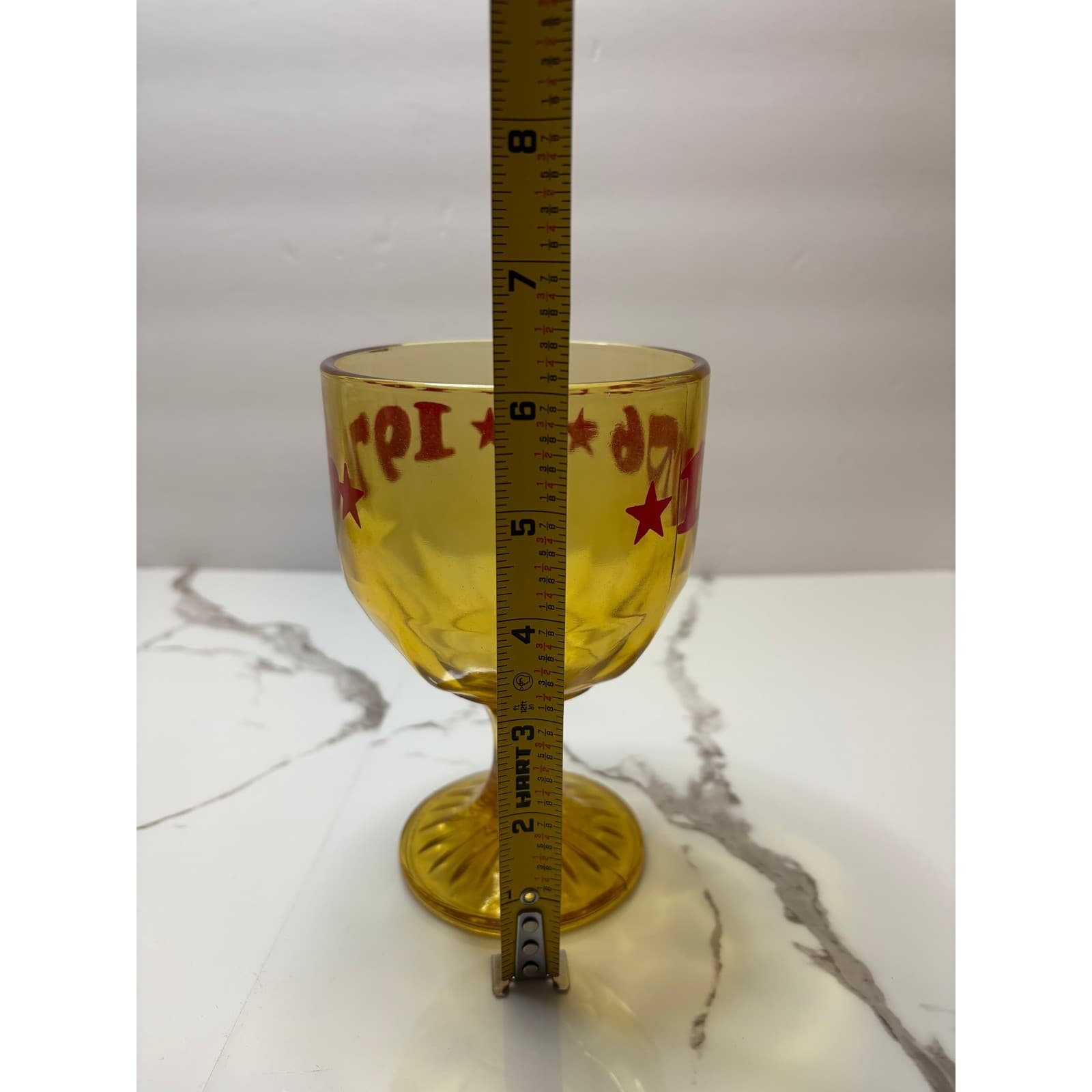 Vintage Amber Glass Bicentennial Goblet 1776 1976 Red Stars Chalice Libbey Style - Thumbnail 4
