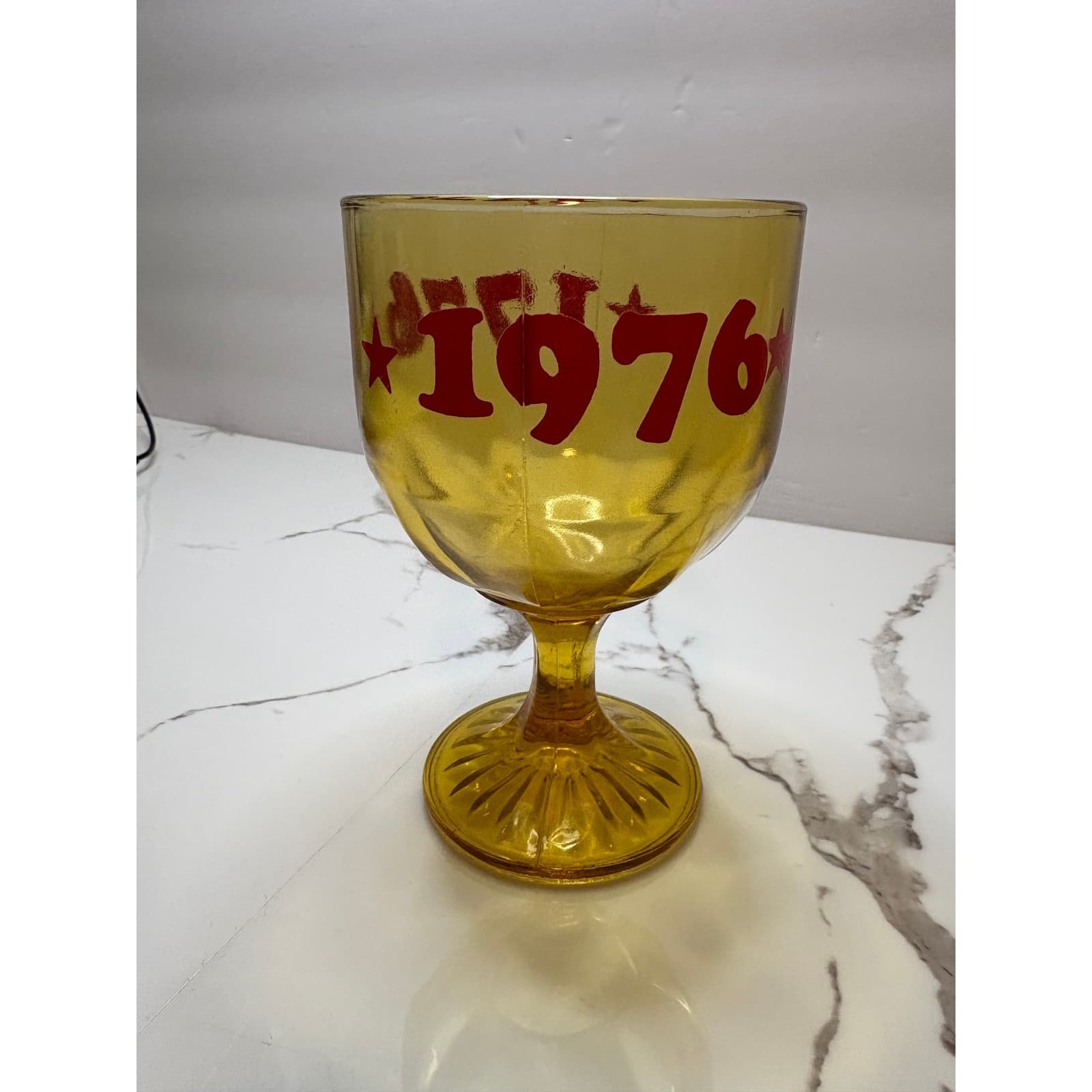 Vintage Amber Glass Bicentennial Goblet 1776 1976 Red Stars Chalice Libbey Style - Thumbnail 2