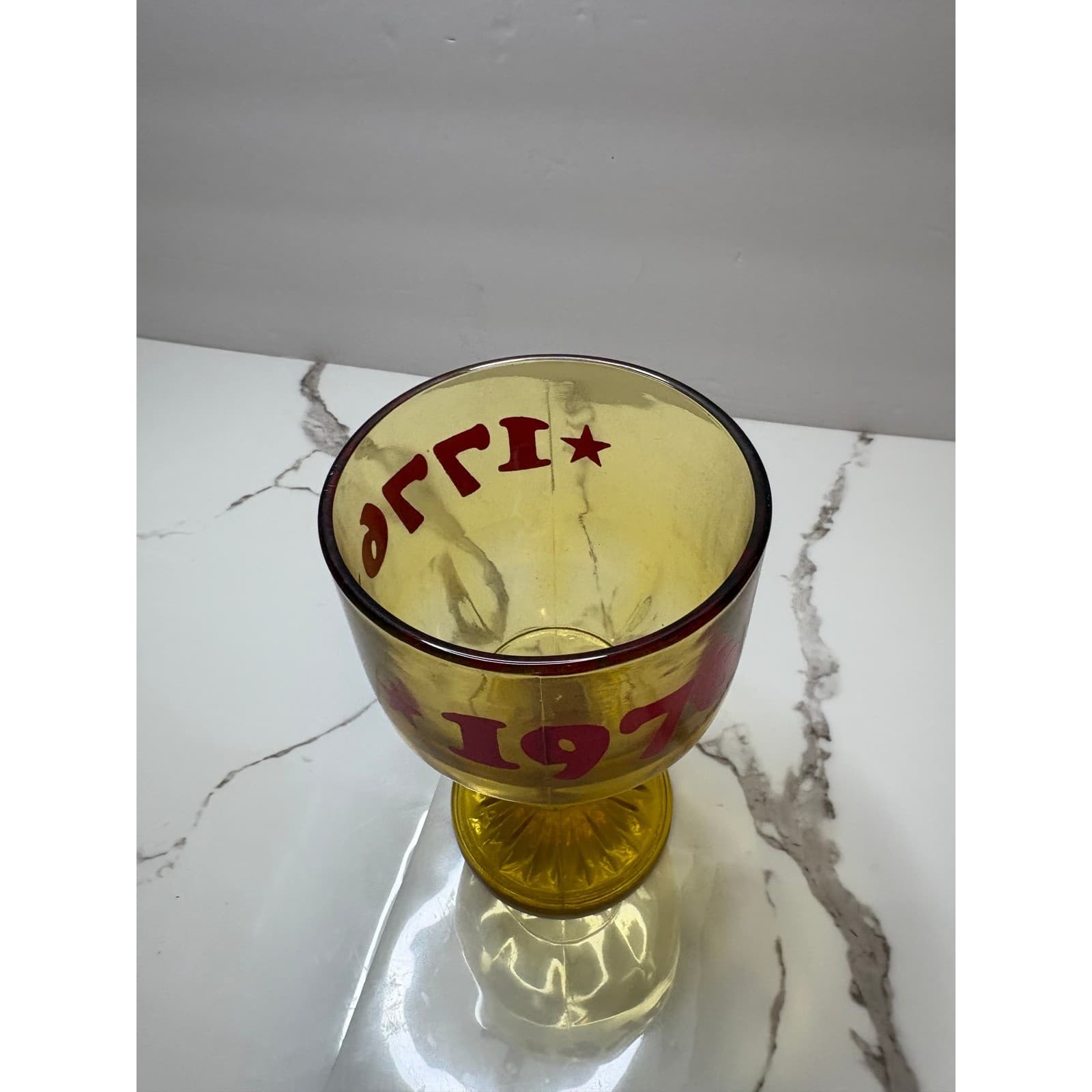 Vintage Amber Glass Bicentennial Goblet 1776 1976 Red Stars Chalice Libbey Style - Thumbnail 3