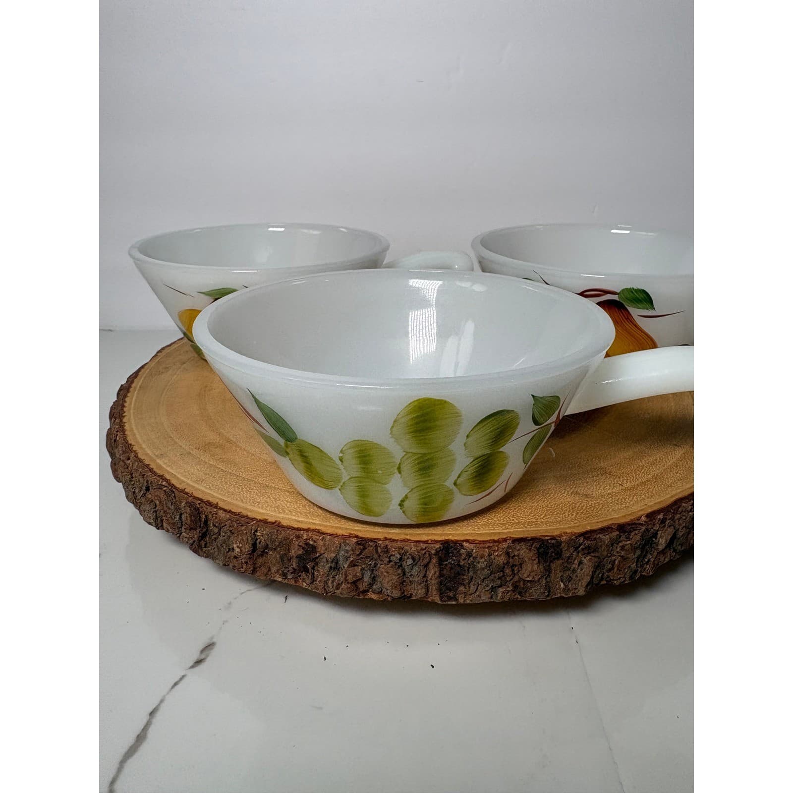Vintage Fire-King Milk Glass Fruit Chili Bowls Set of 3 Pear Grapes Hand Painted - Thumbnail 2