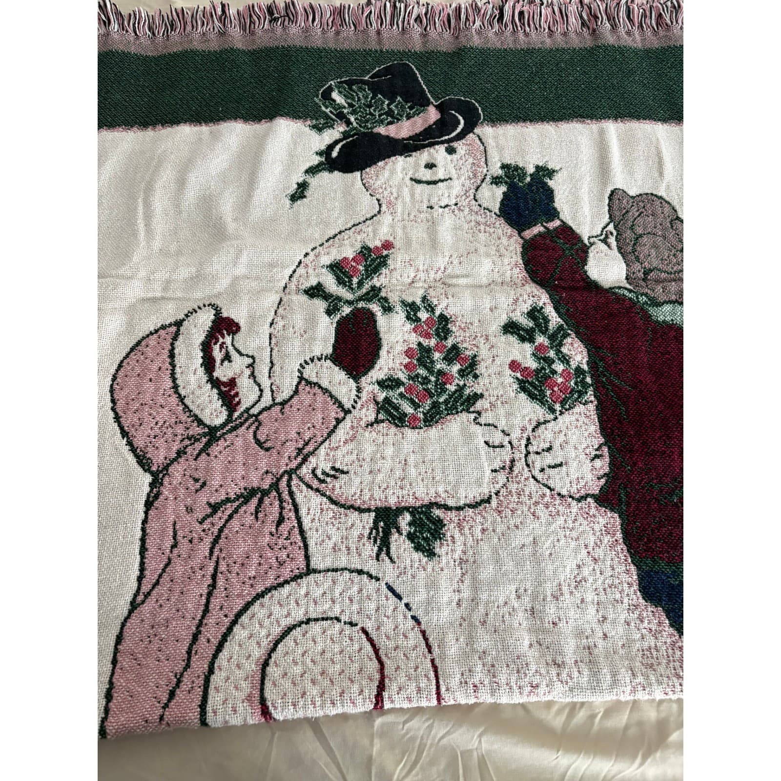 Vintage Woven Tapestry Throw Blanket Christmas Snowman Children Winter Scene - Thumbnail 2