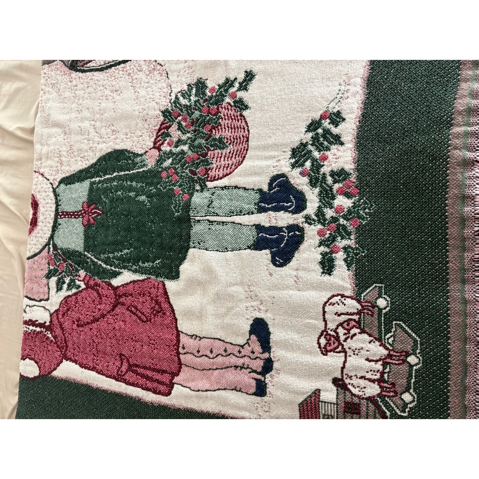 Vintage Woven Tapestry Throw Blanket Christmas Snowman Children Winter Scene - Thumbnail 3