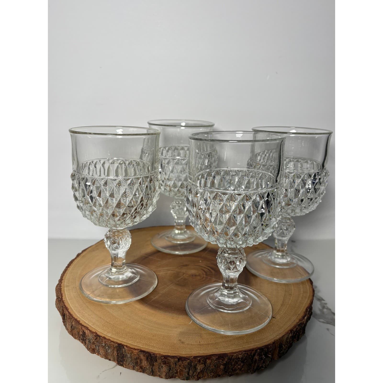 Vintage Clear Pressed Indiana Glass Diamond Point Set of 4 Water / Wine - Thumbnail 4