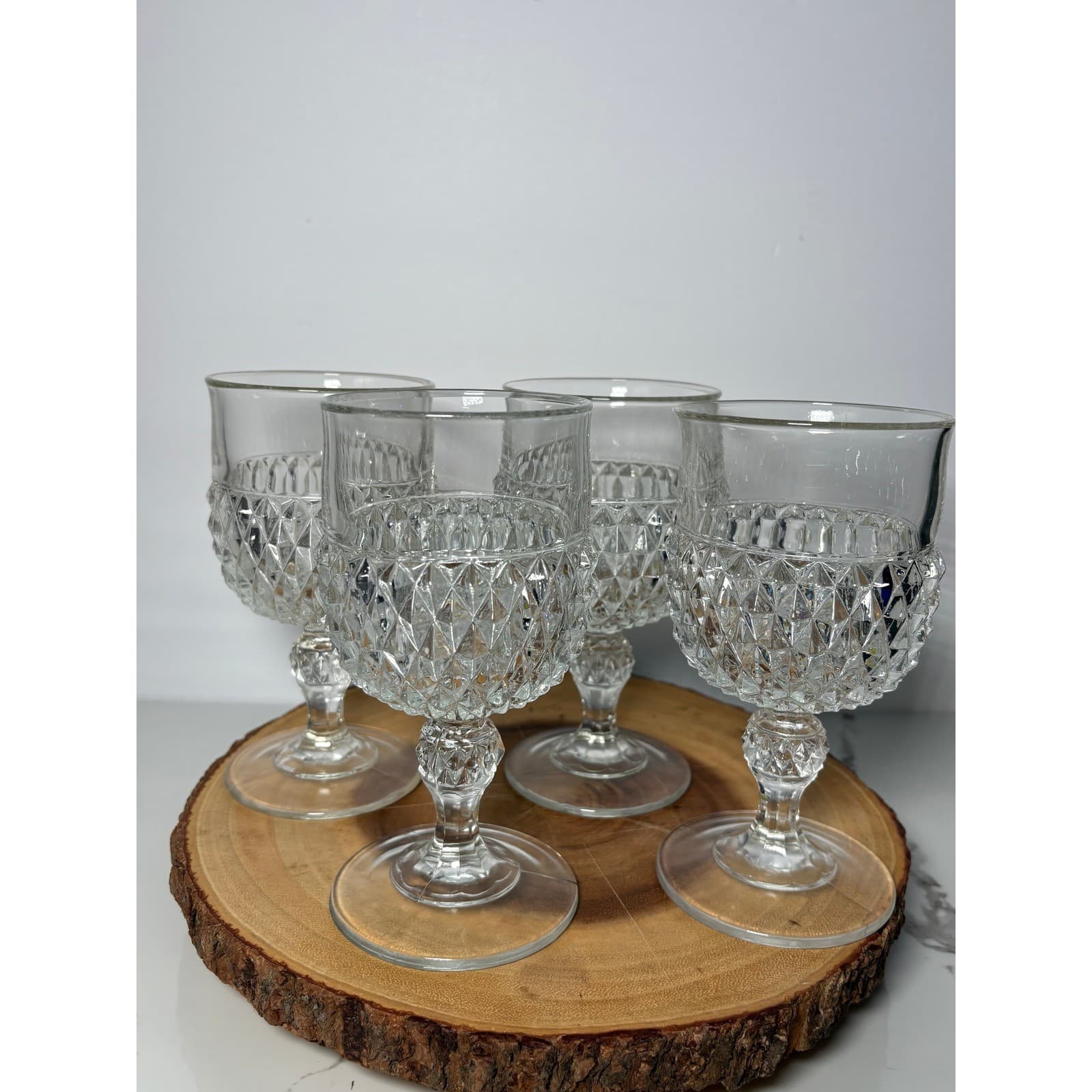 Vintage Clear Pressed Indiana Glass Diamond Point Set of 4 Water / Wine - Thumbnail 2