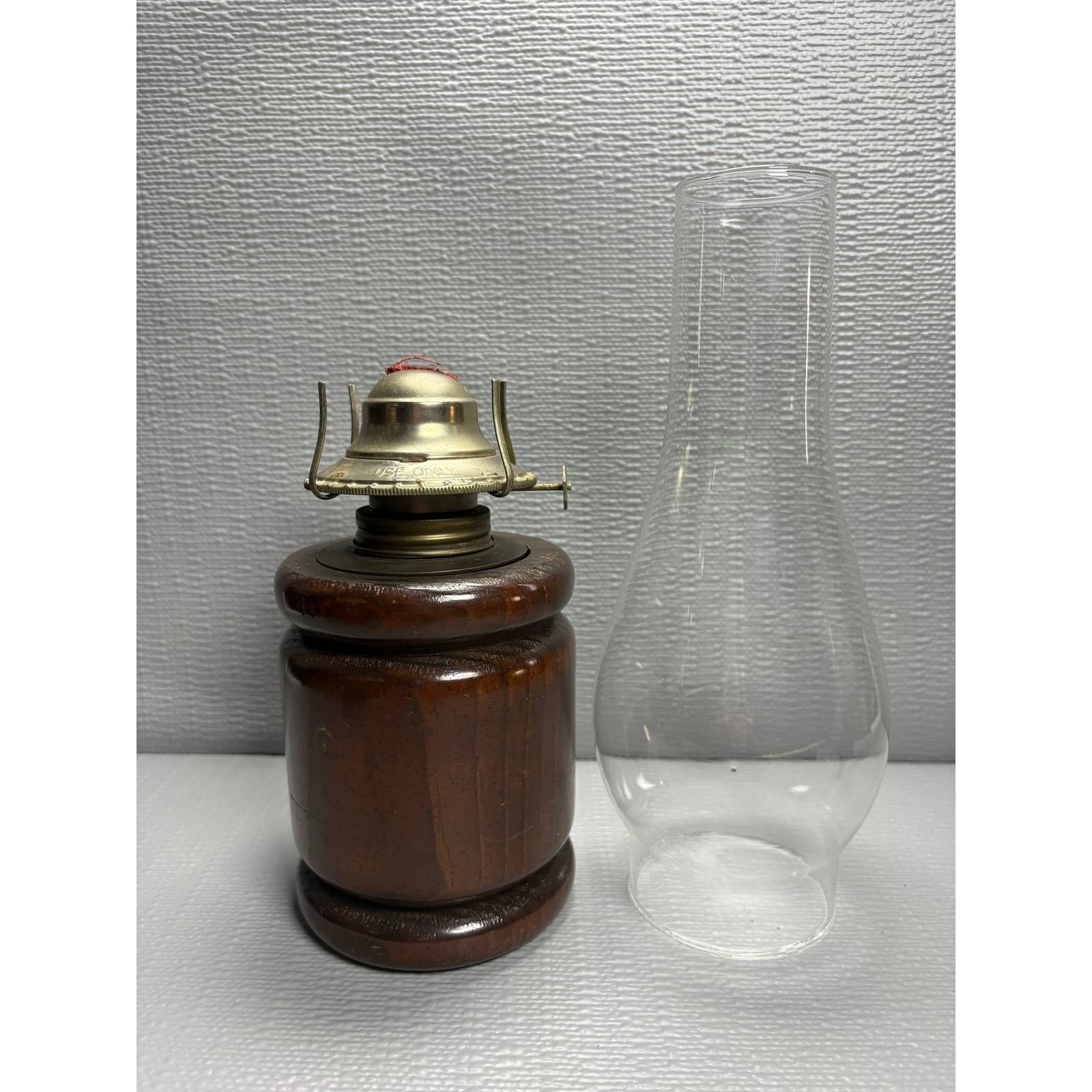 Vintage Wood Base Oil Lamp with Clear Glass Hurricane Chimney Rustic Farmhouse - Thumbnail 2