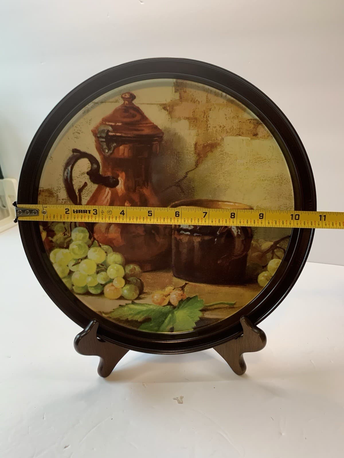 Vintage 10 3/4” Tin Serving Tray w/Rustic Still life of Grapes, Tea Pot & Mug - Thumbnail 3