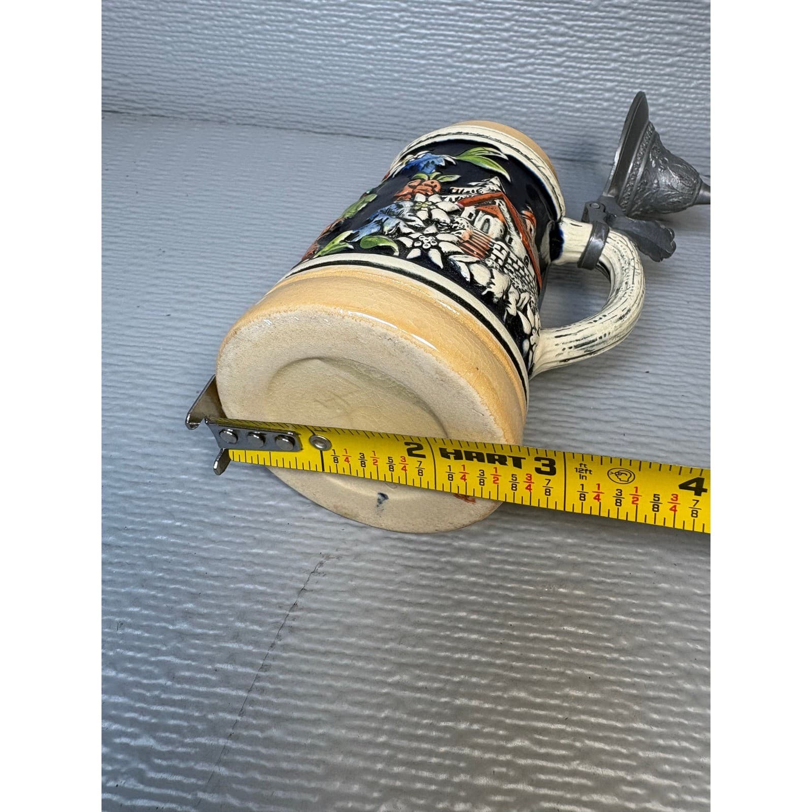 Vintage German Style Ceramic Beer Stein with Hinged Pewter Lid 6 Inch Relief - Thumbnail 11