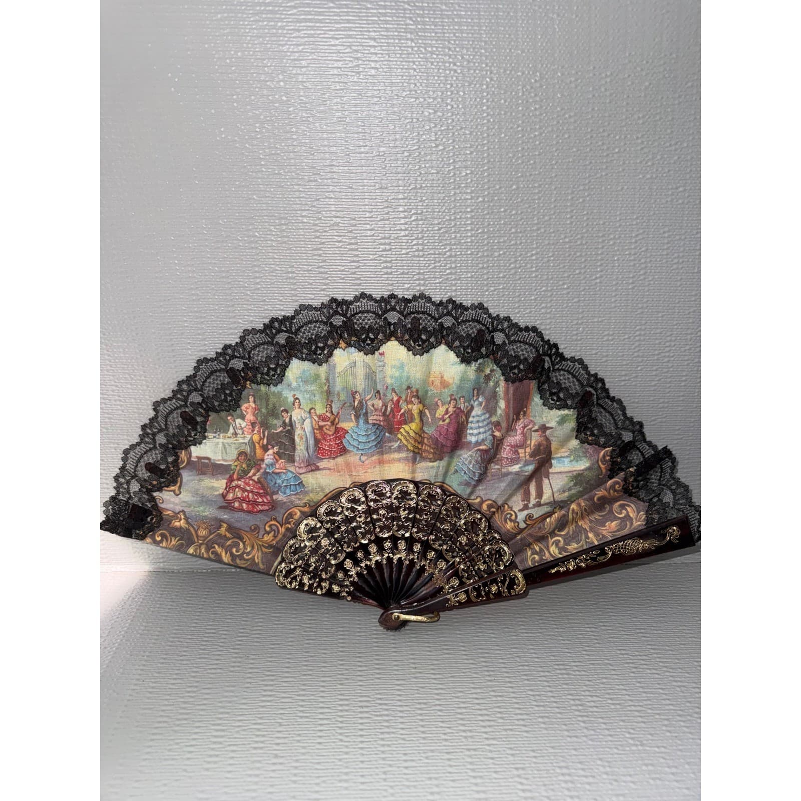 Vintage Victorian Style Folding Hand Fan Black Lace Faux Tortoiseshell Gold Trim - Thumbnail 2