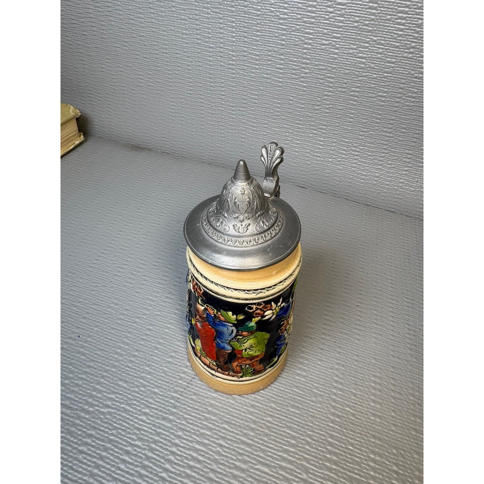 Vintage German Style Ceramic Beer Stein with Hinged Pewter Lid 6 Inch Relief - Thumbnail 7