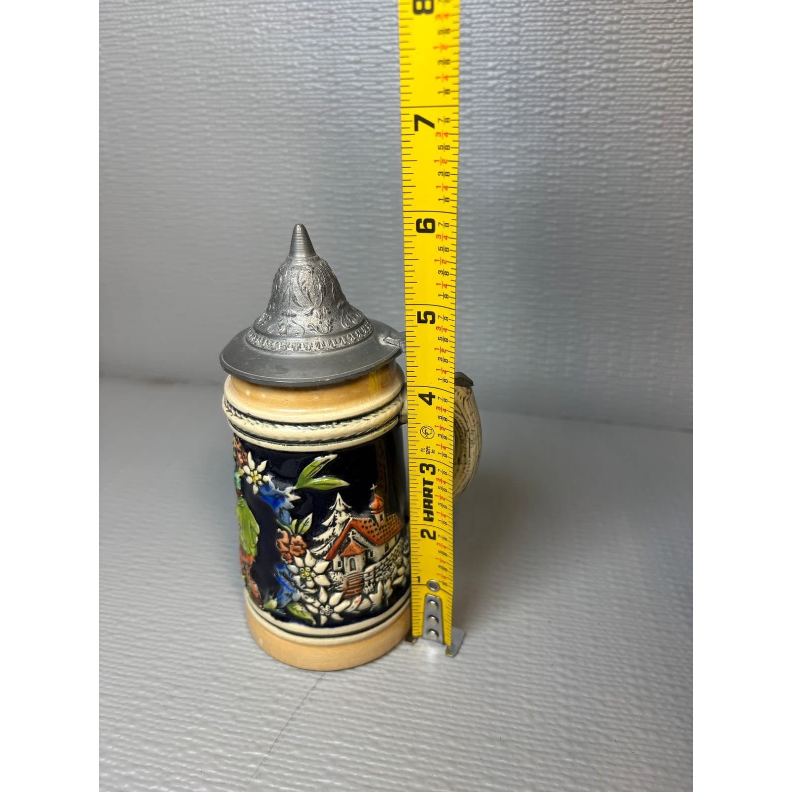 Vintage German Style Ceramic Beer Stein with Hinged Pewter Lid 6 Inch Relief - Thumbnail 8