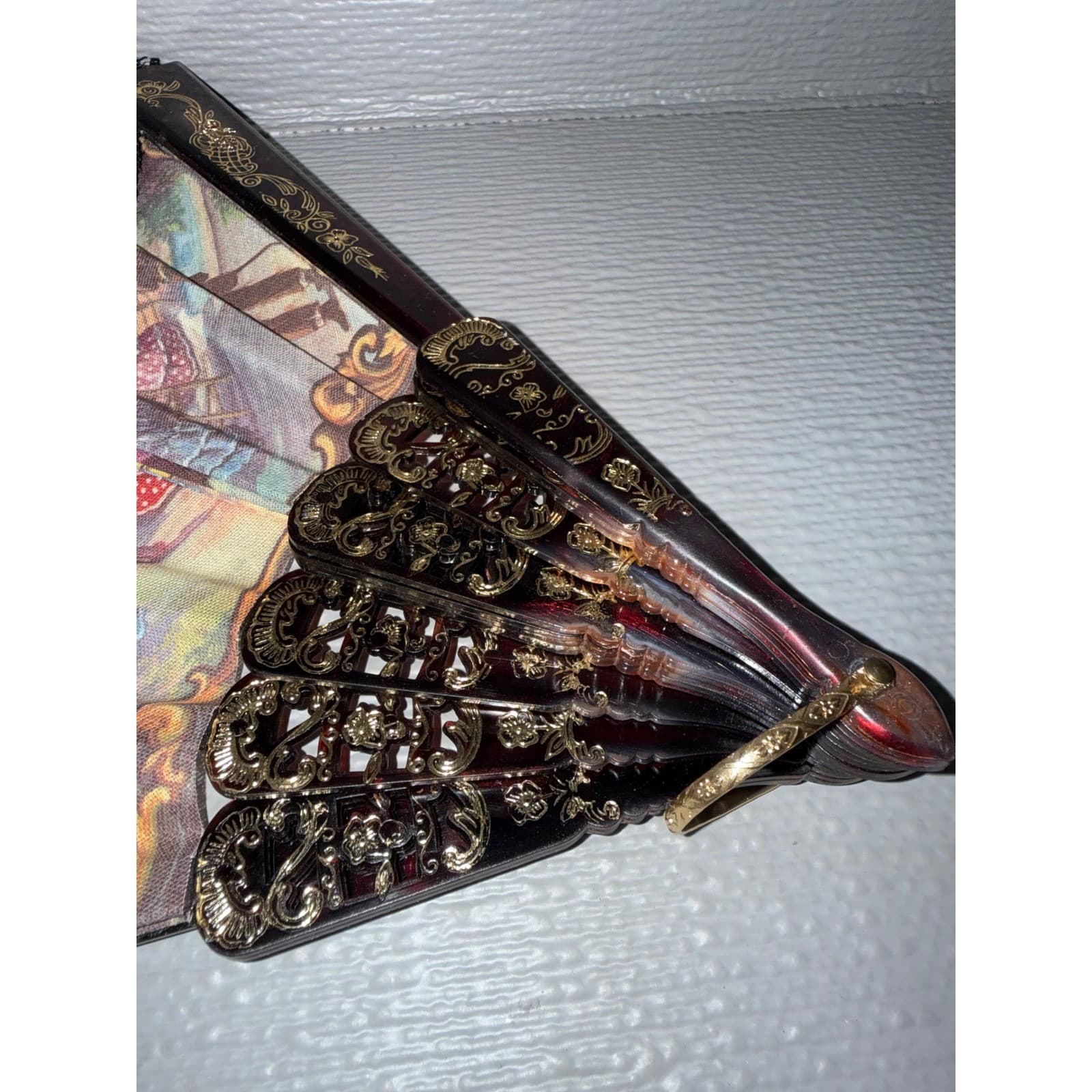 Vintage Victorian Style Folding Hand Fan Black Lace Faux Tortoiseshell Gold Trim - Thumbnail 5