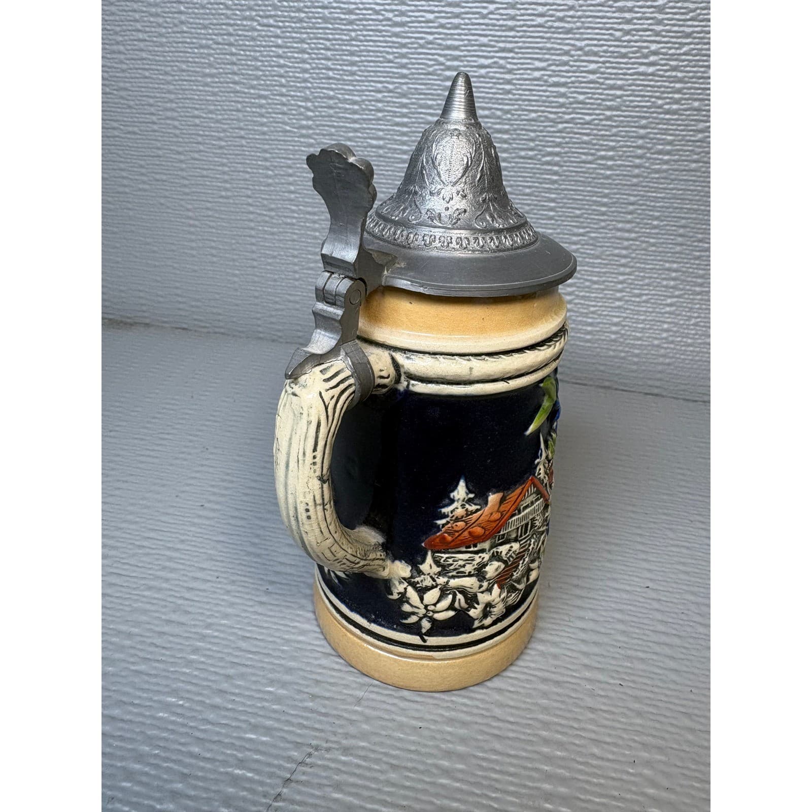 Vintage German Style Ceramic Beer Stein with Hinged Pewter Lid 6 Inch Relief - Thumbnail 3