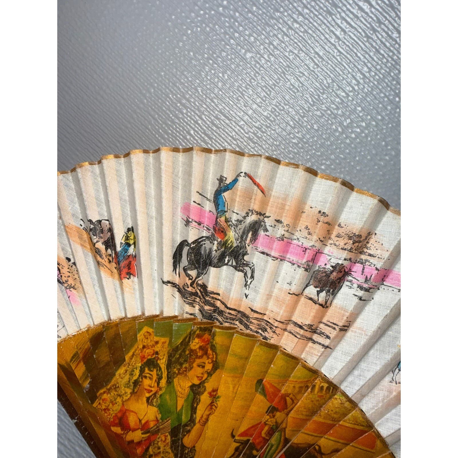 Vintage Spanish Bullfighting Hand Painted Folding Fan Matador Scene 16 Inch - Thumbnail 4