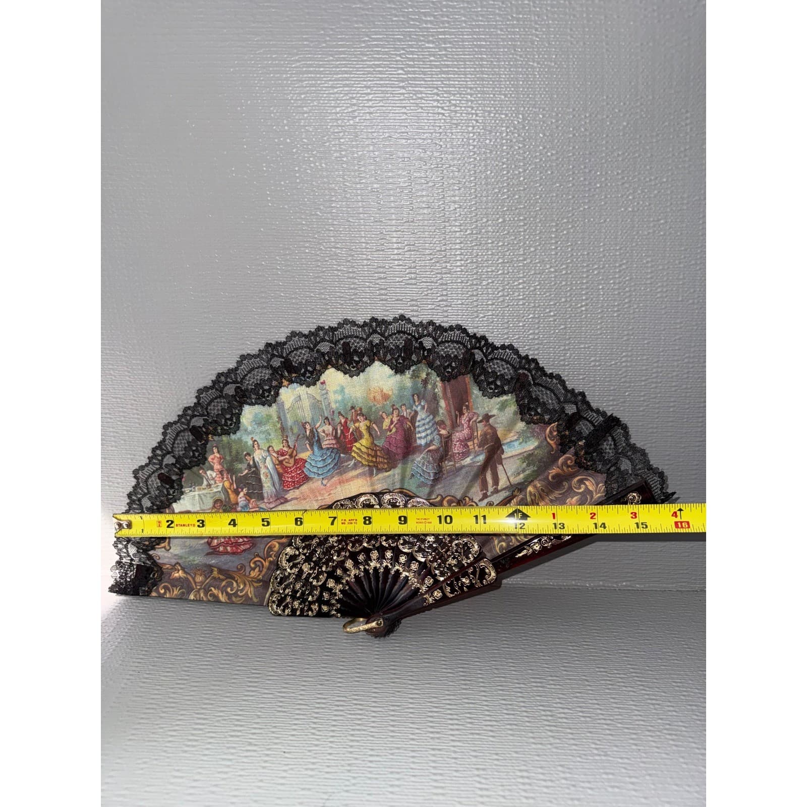 Vintage Victorian Style Folding Hand Fan Black Lace Faux Tortoiseshell Gold Trim - Thumbnail 6