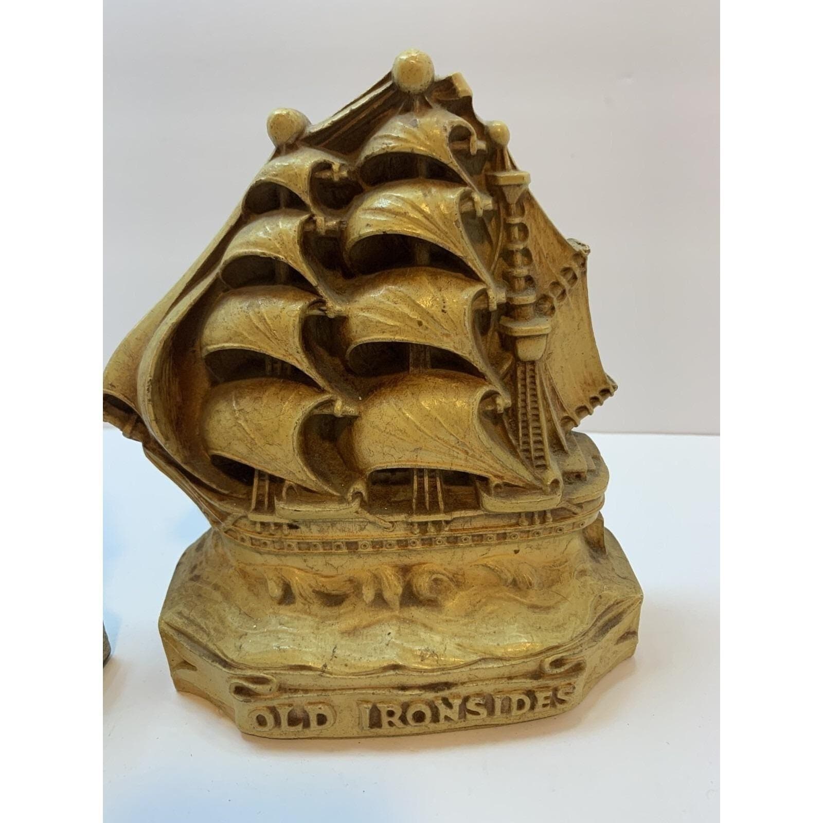 Vintage Old Ironsides USS Constitution Ship Bookends Nautical Gold Tone Pair - Thumbnail 2