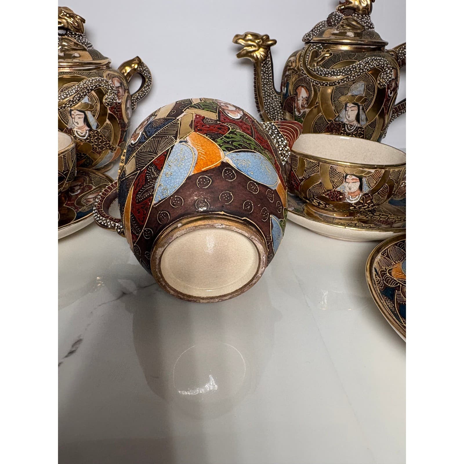Vintage Japanese Satsuma Dragon 14 pc Tea Set Teapot Sugar Creamer Cups Saucers - Thumbnail 9