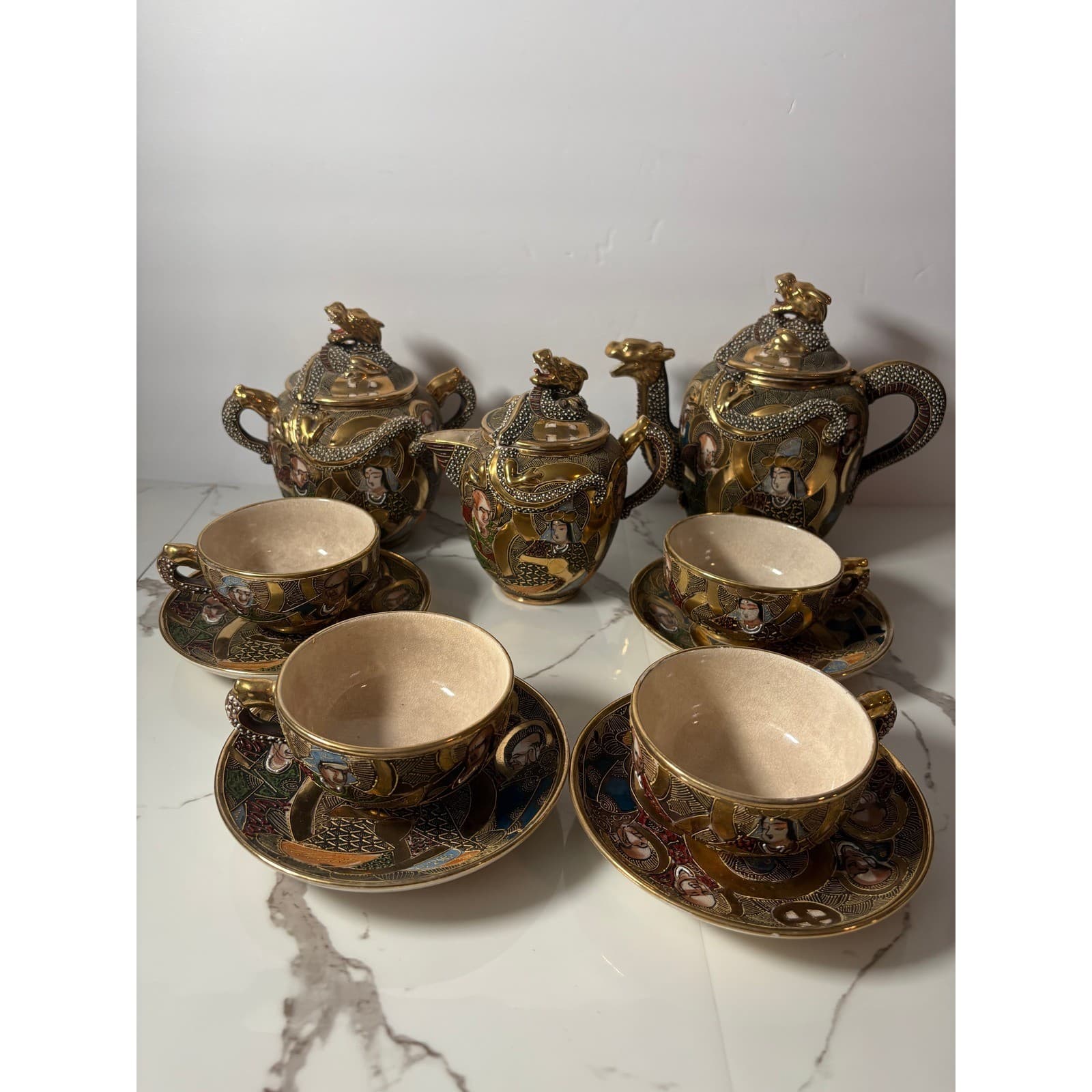 Vintage Japanese Satsuma Dragon 14 pc Tea Set Teapot Sugar Creamer Cups Saucers - Thumbnail 3